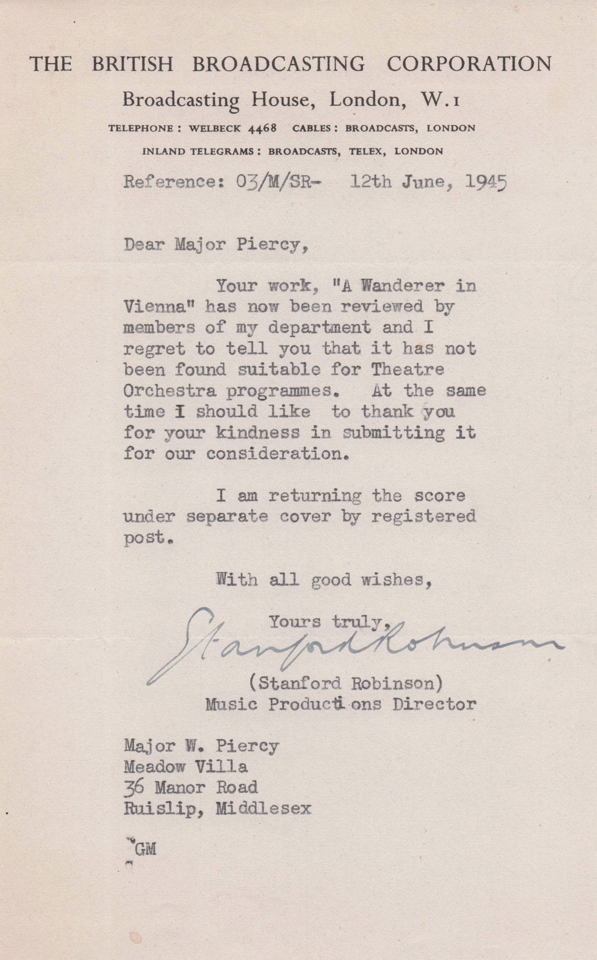 Stanford Robinson BBC WW2 Music Composer The Proms Hand Signed Letter