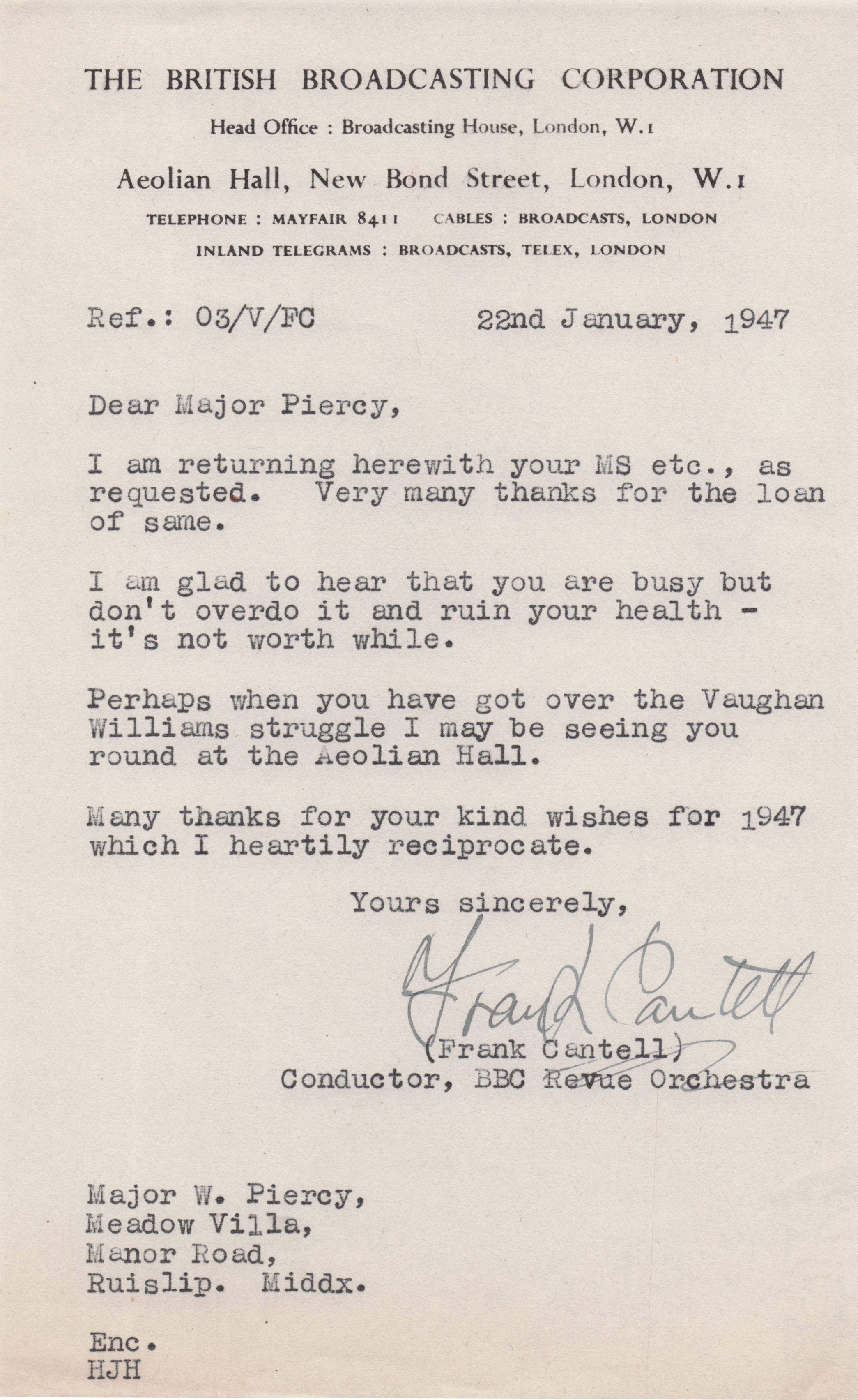 Frank Cantell BBC Orchestra Conductor Music Leader Old Hand Signed Letter