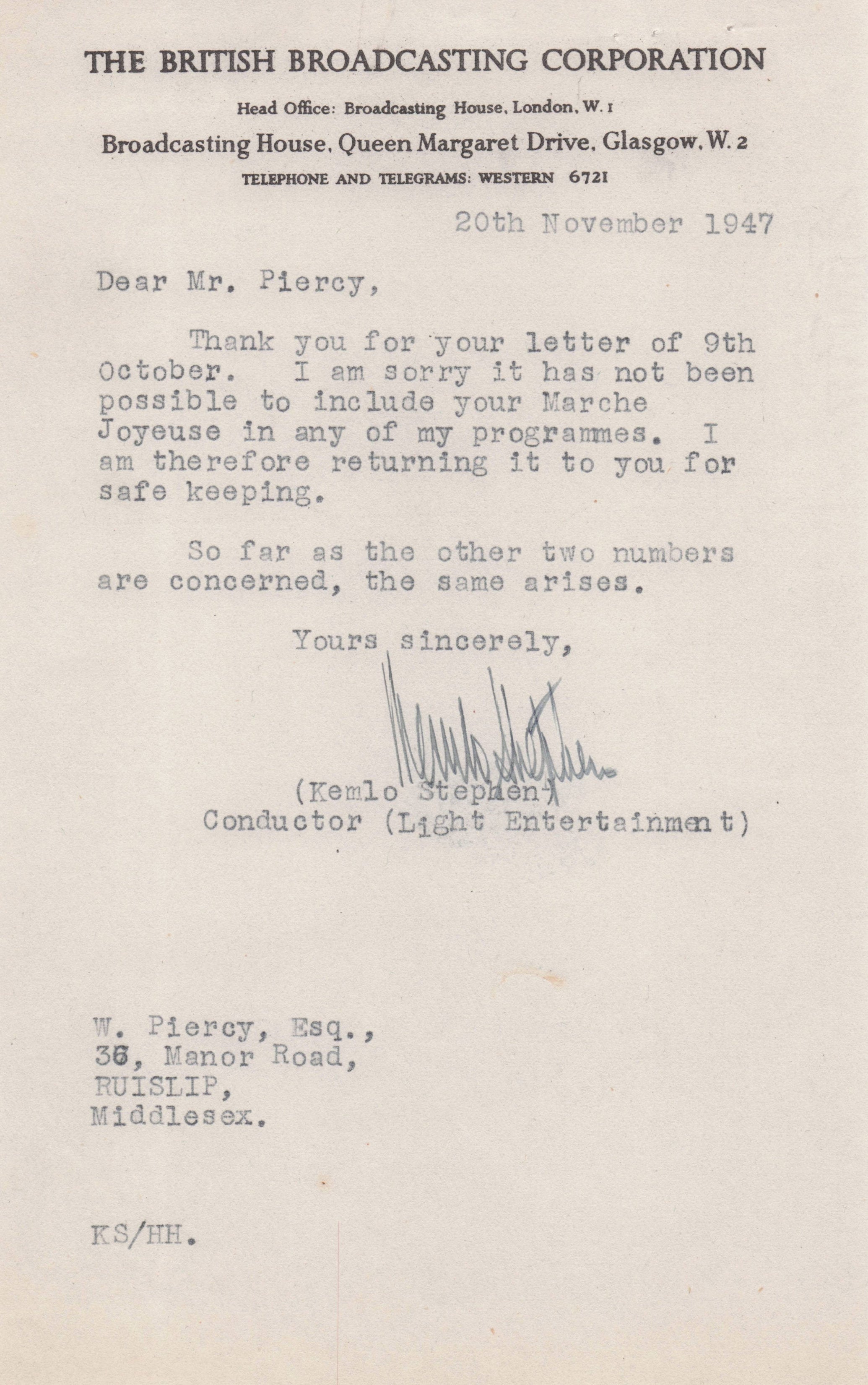 Kemlo Stephen Scottish BBC WW2 Orchestra Conductor Hand Signed Letter