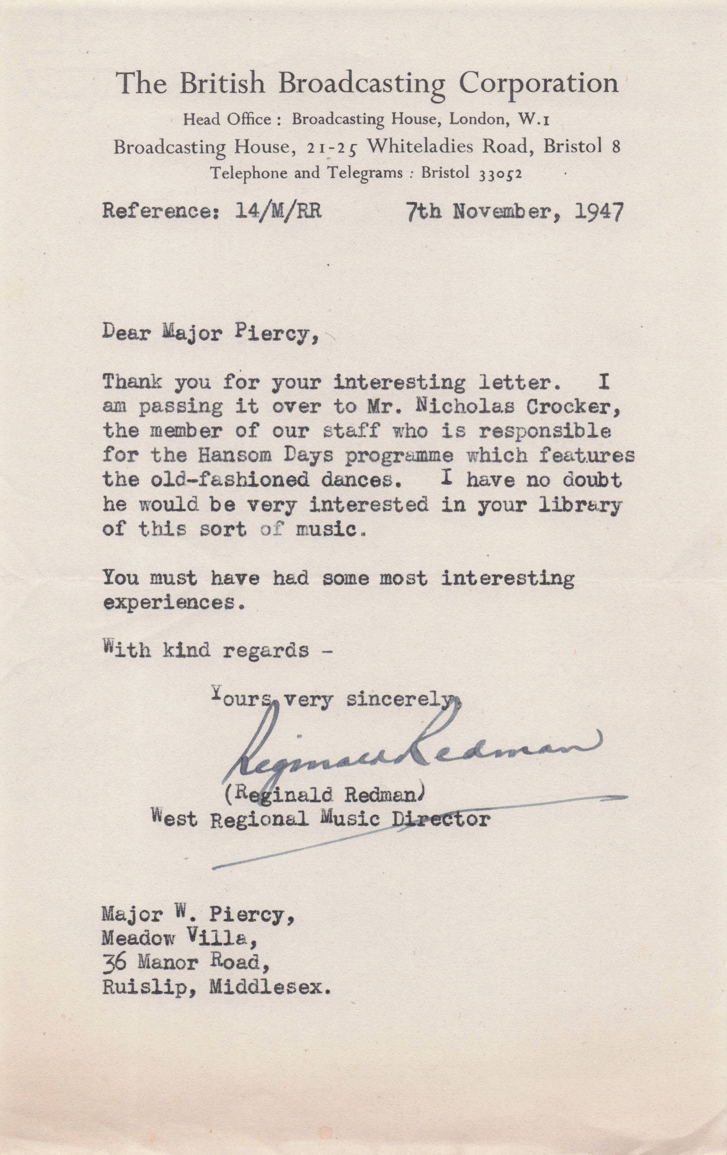 Douglas Lawrence BBC TV Music Composer Director Hand Signed Letter