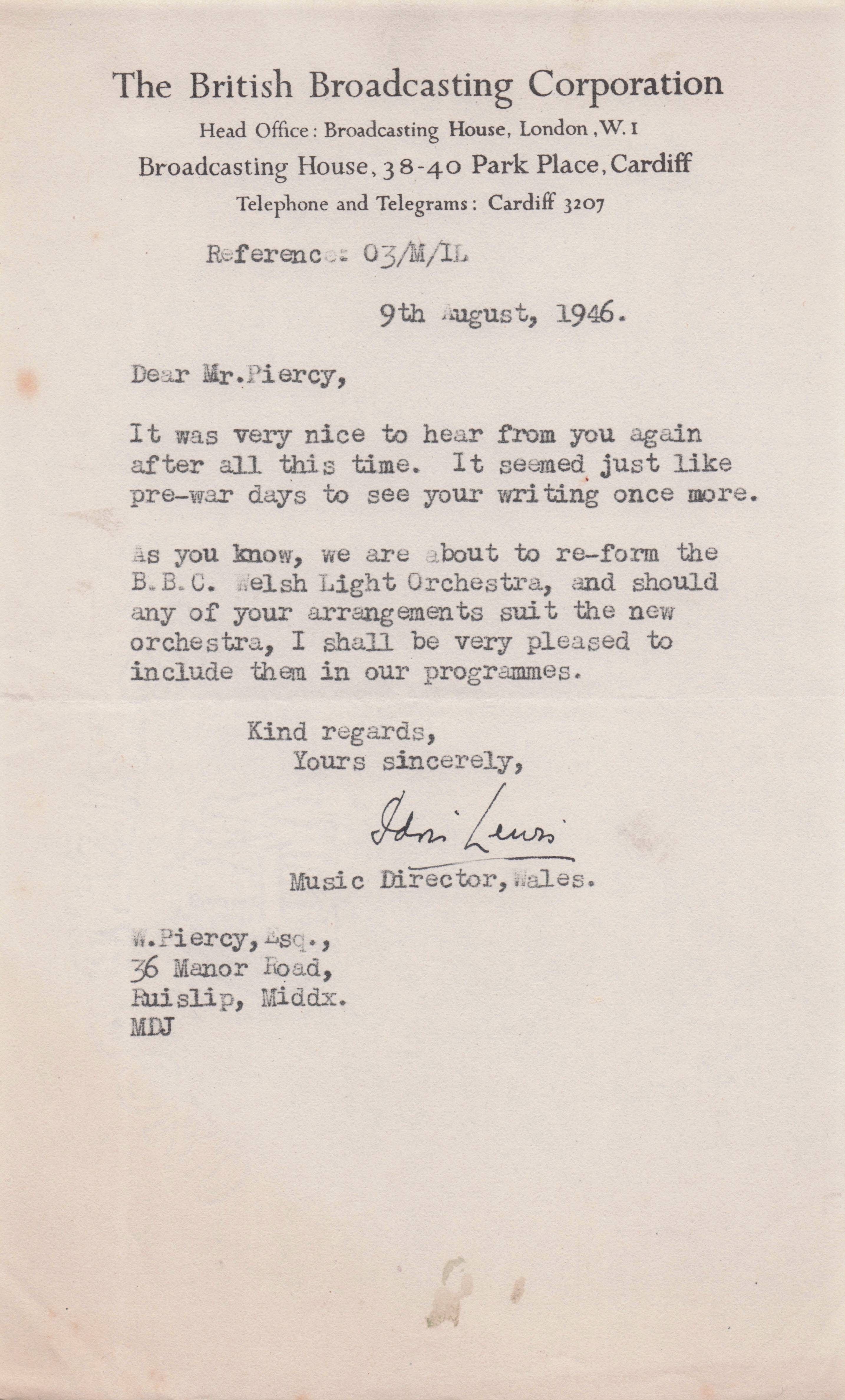 John Lewis BBC Music Jazz Pianist of Dizzy Gillespie Hand Signed Letter