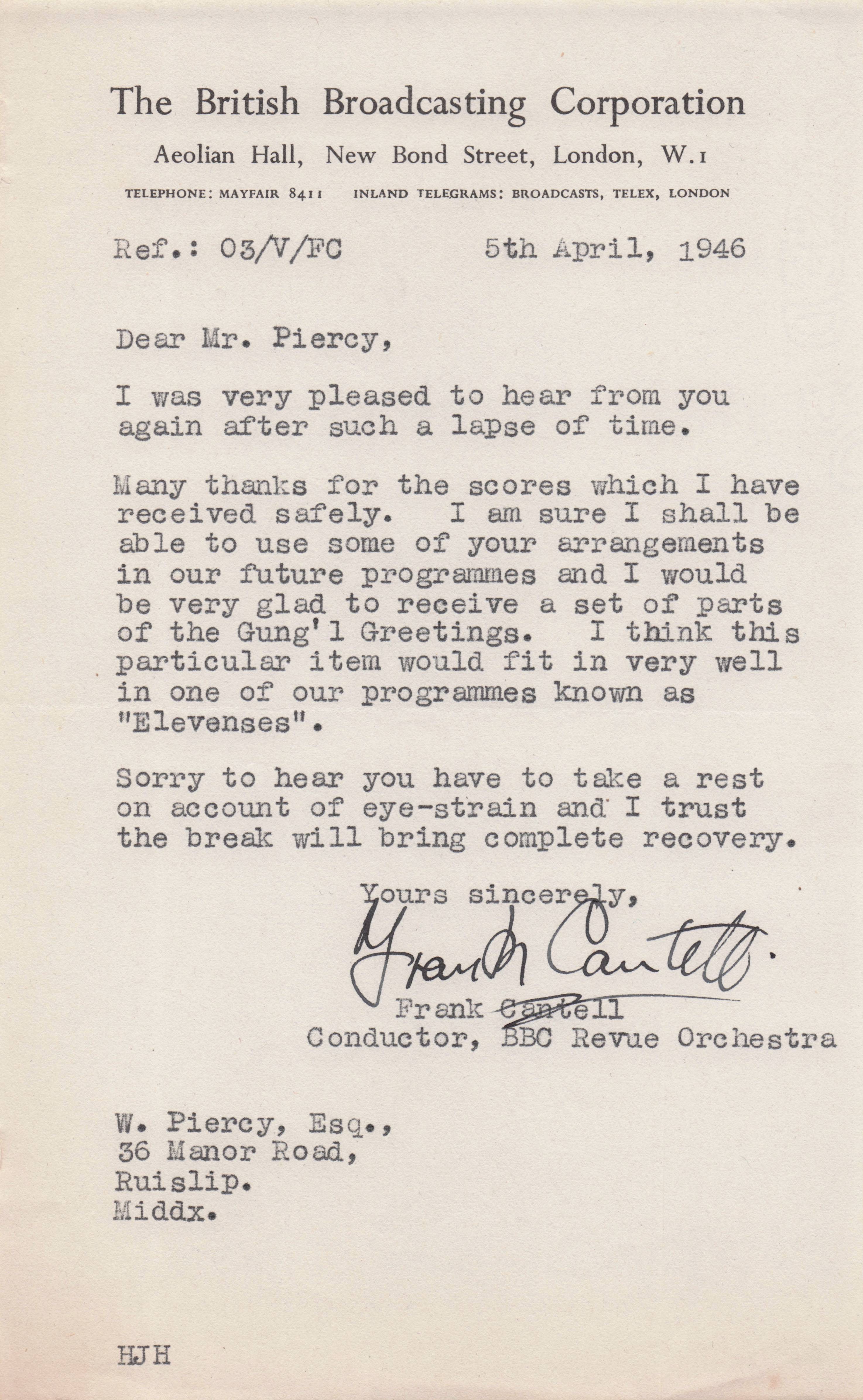 Douglas Lawrence BBC Radio Composer Director Old Hand Signed Letter