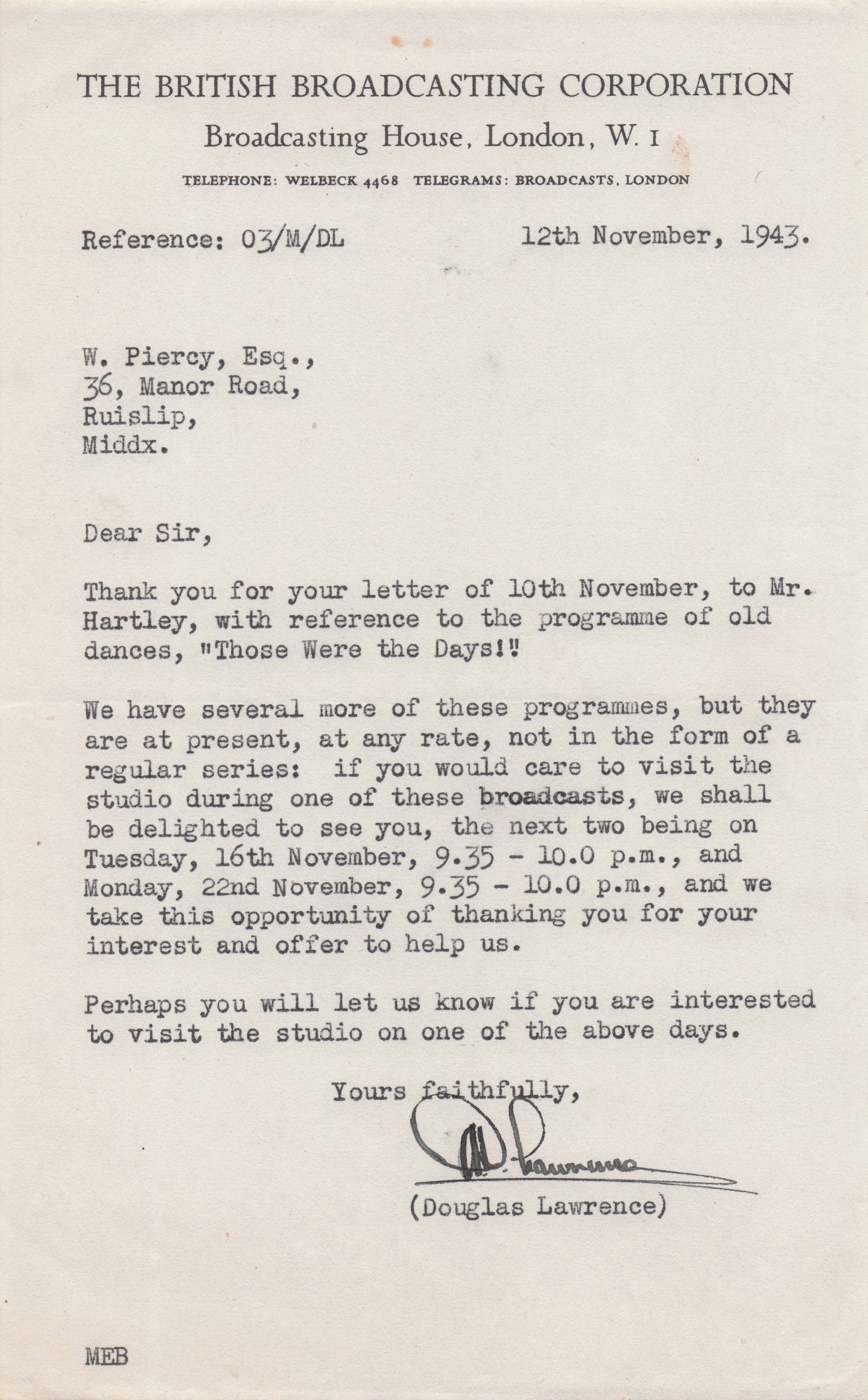 Douglas Lawrence BBC Radio WW2 Those Were The Days Hand Signed Letter