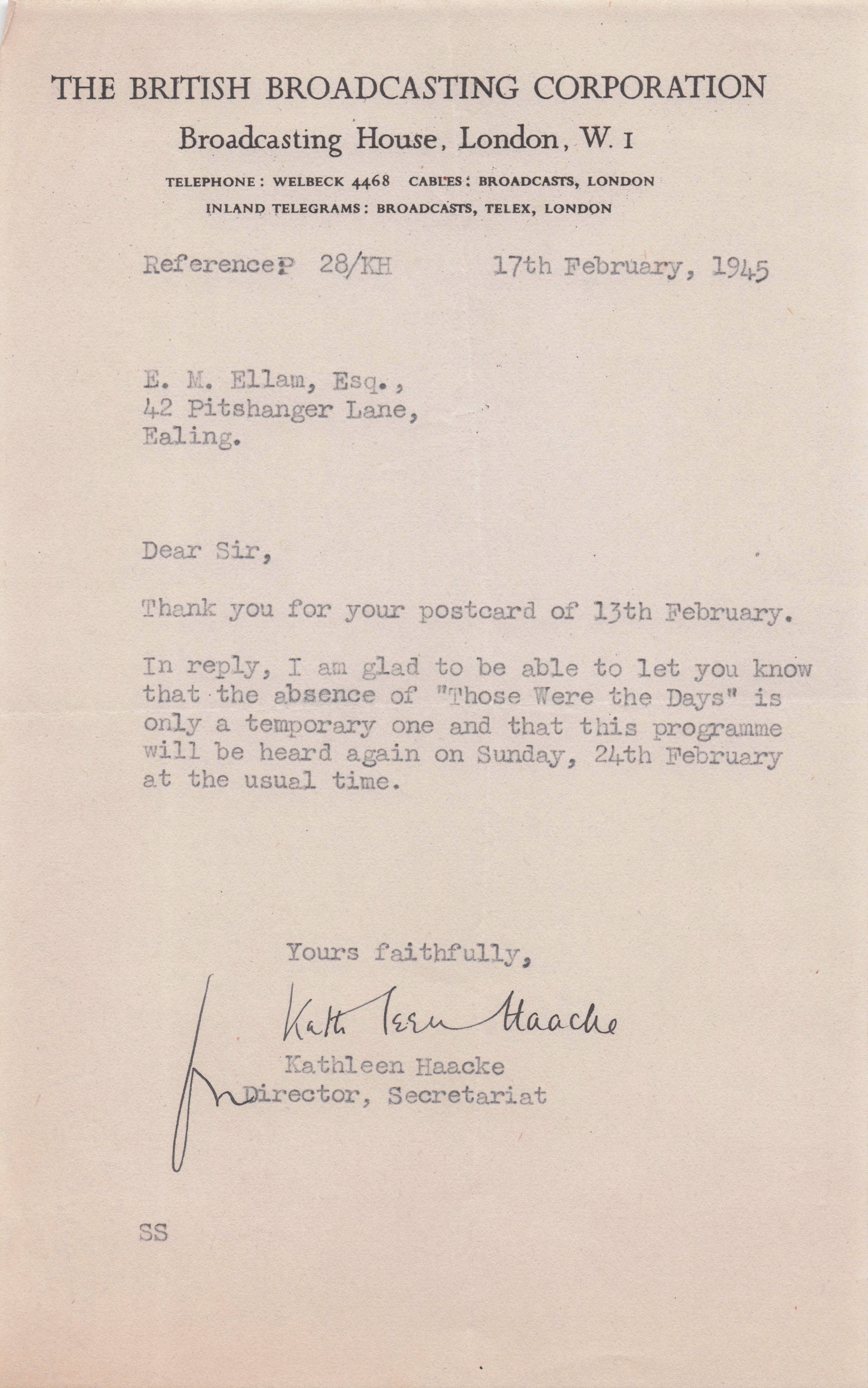 Those Were The Days BBC Radio Harry Davidson WW2 Hand Signed Letter
