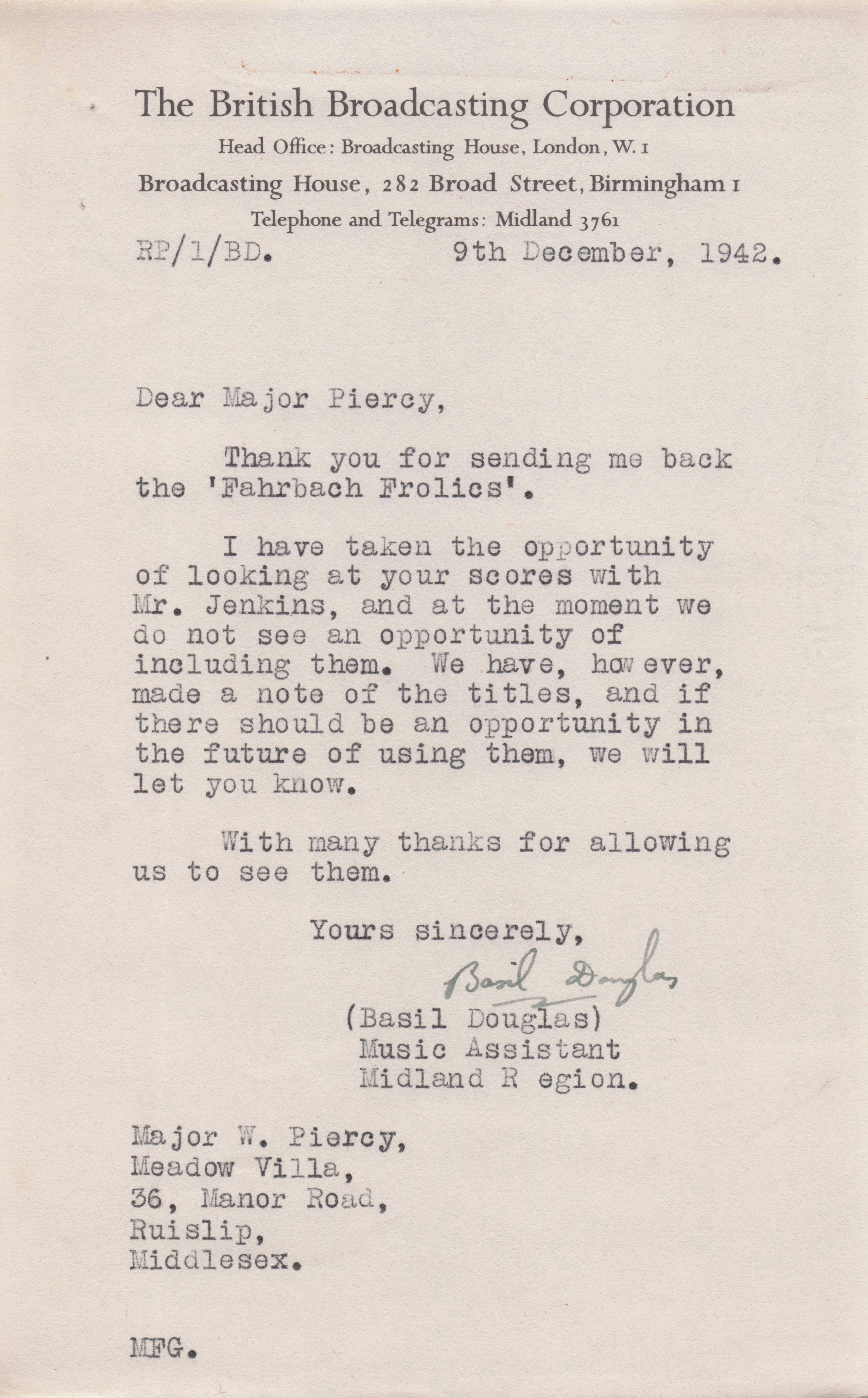 Basil Douglas BBC Scottish WW2 Radio Music In Miniature Hand Signed Letter