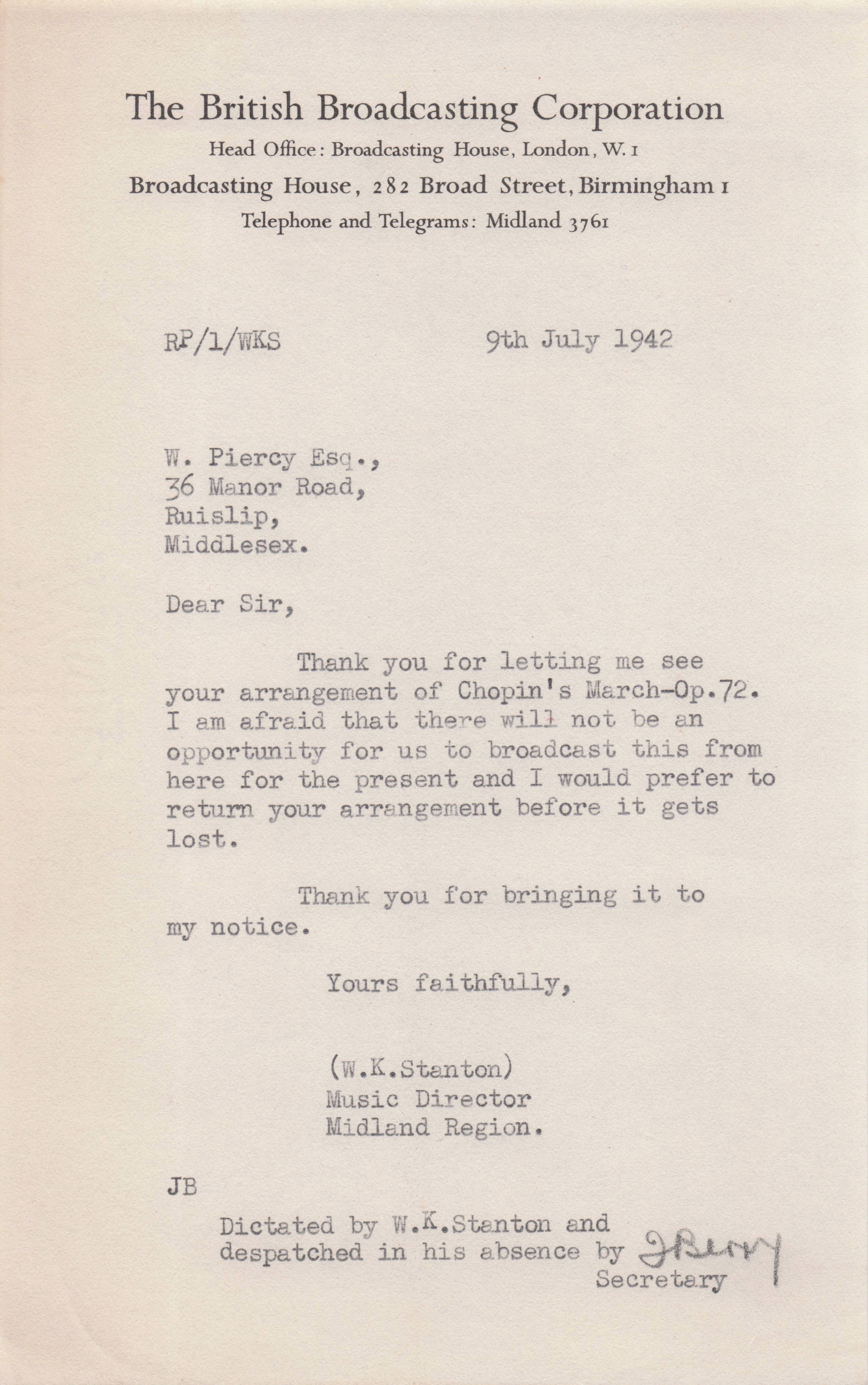Chopin Opus 72 Private Arrangement WW2 BBC Radio Show Antique Letter