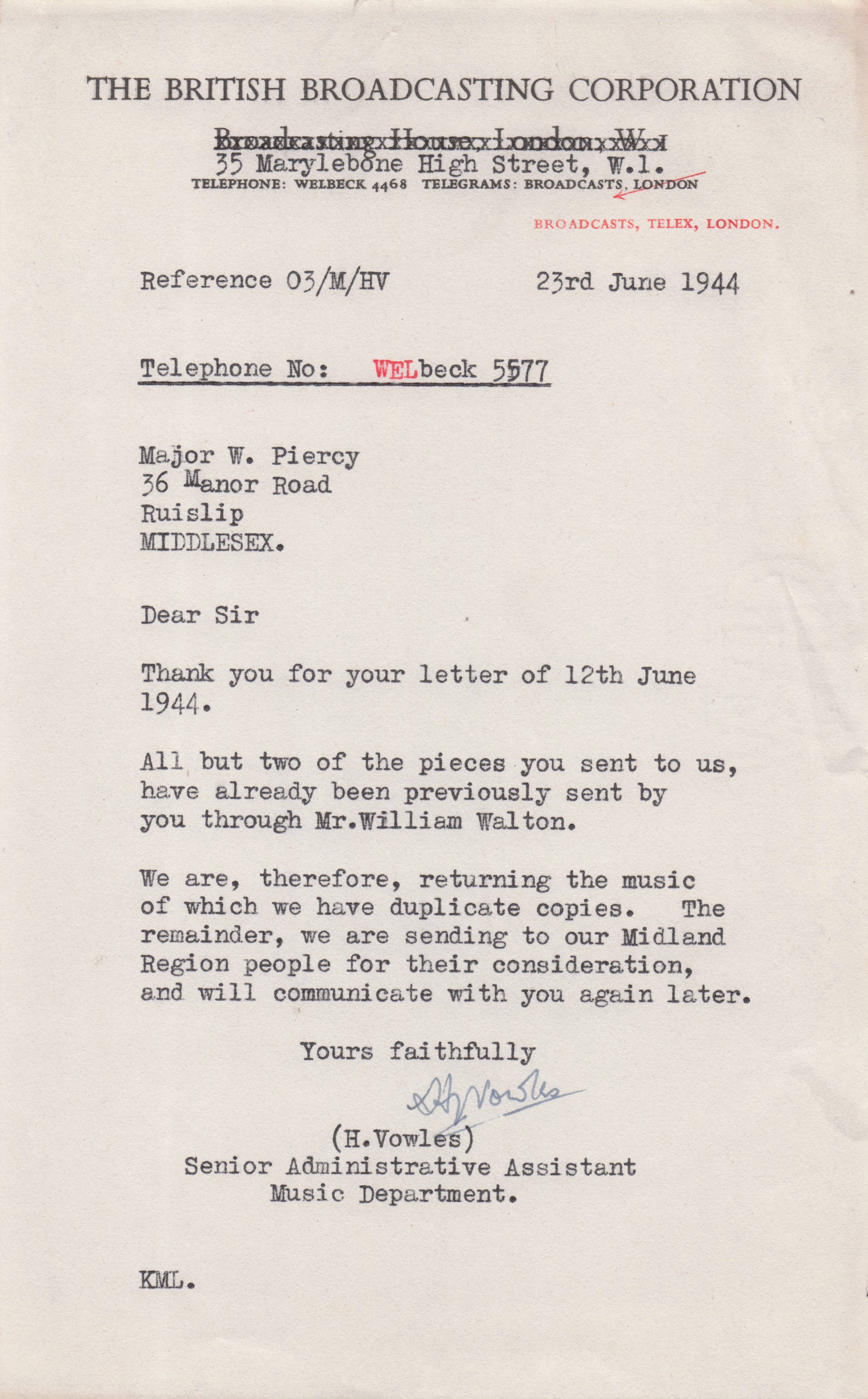 Edward H Vowles BBC Radio James Watt Steam Trains WW2 Hand Signed Letter