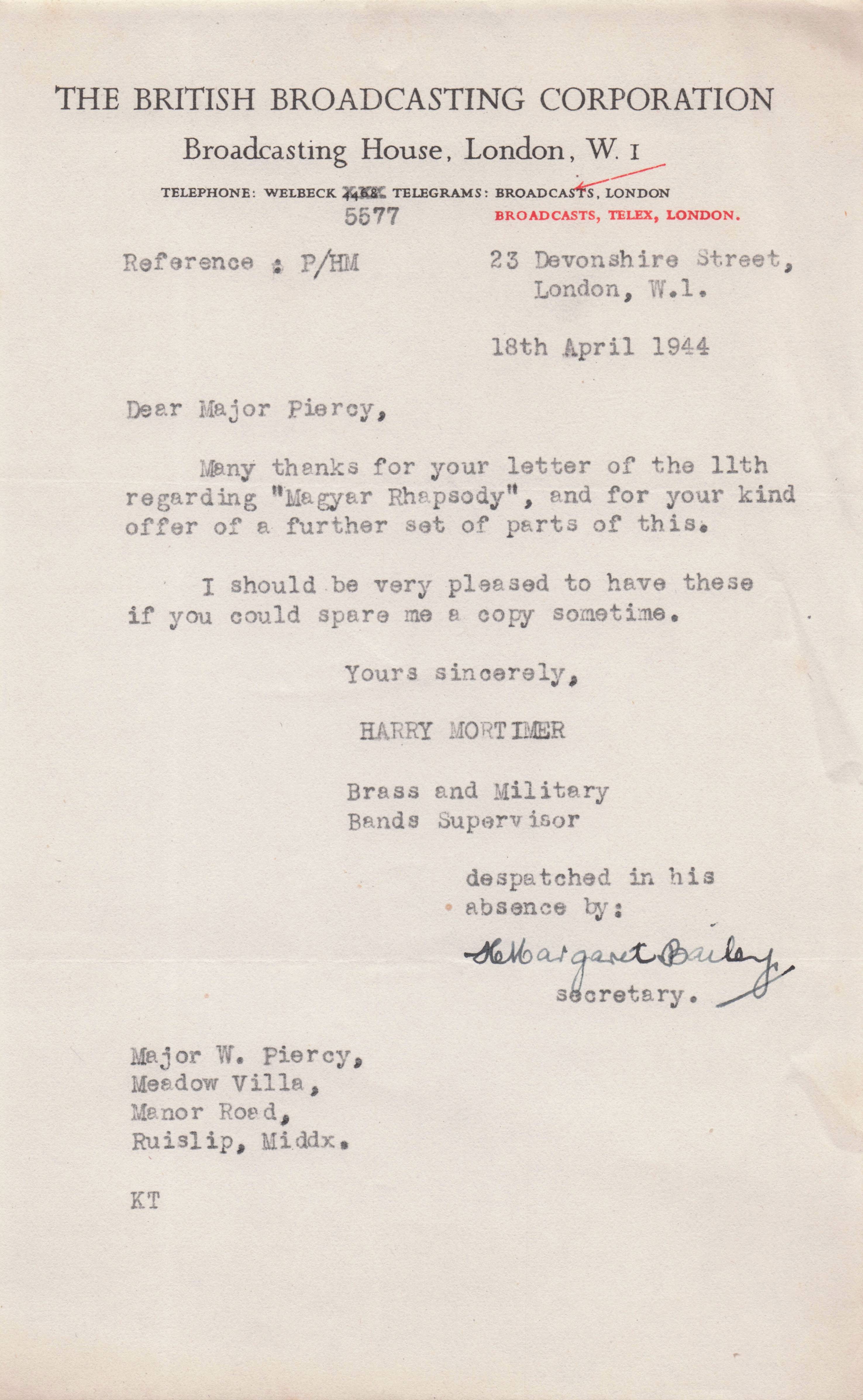 Magyar Rhapsody Harry Mortimer Brass Bands BBC WW2 Hand Signed Letter