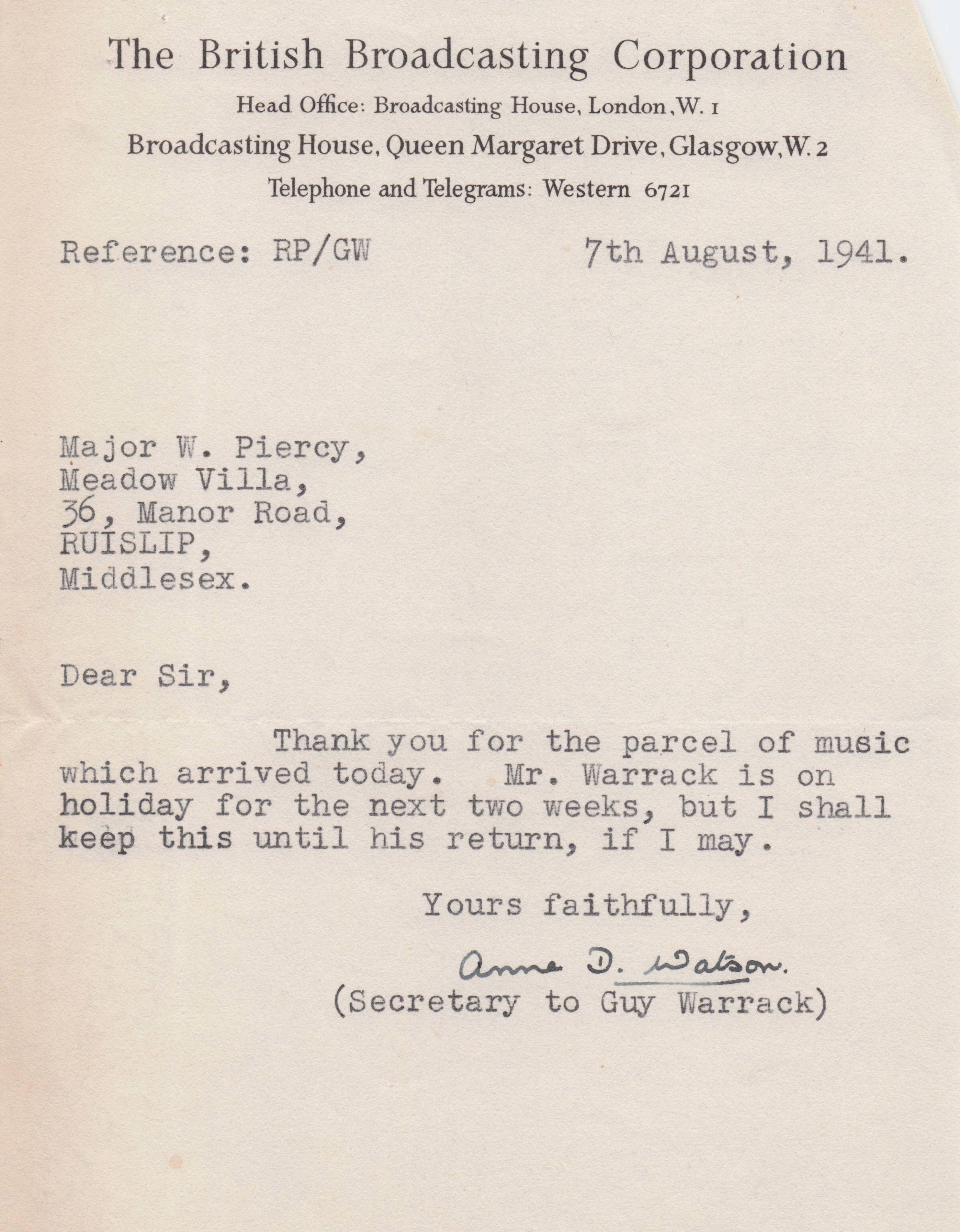 Guy Warrack BBC Scottish Composer Radio WW2 Hand Signed Letter
