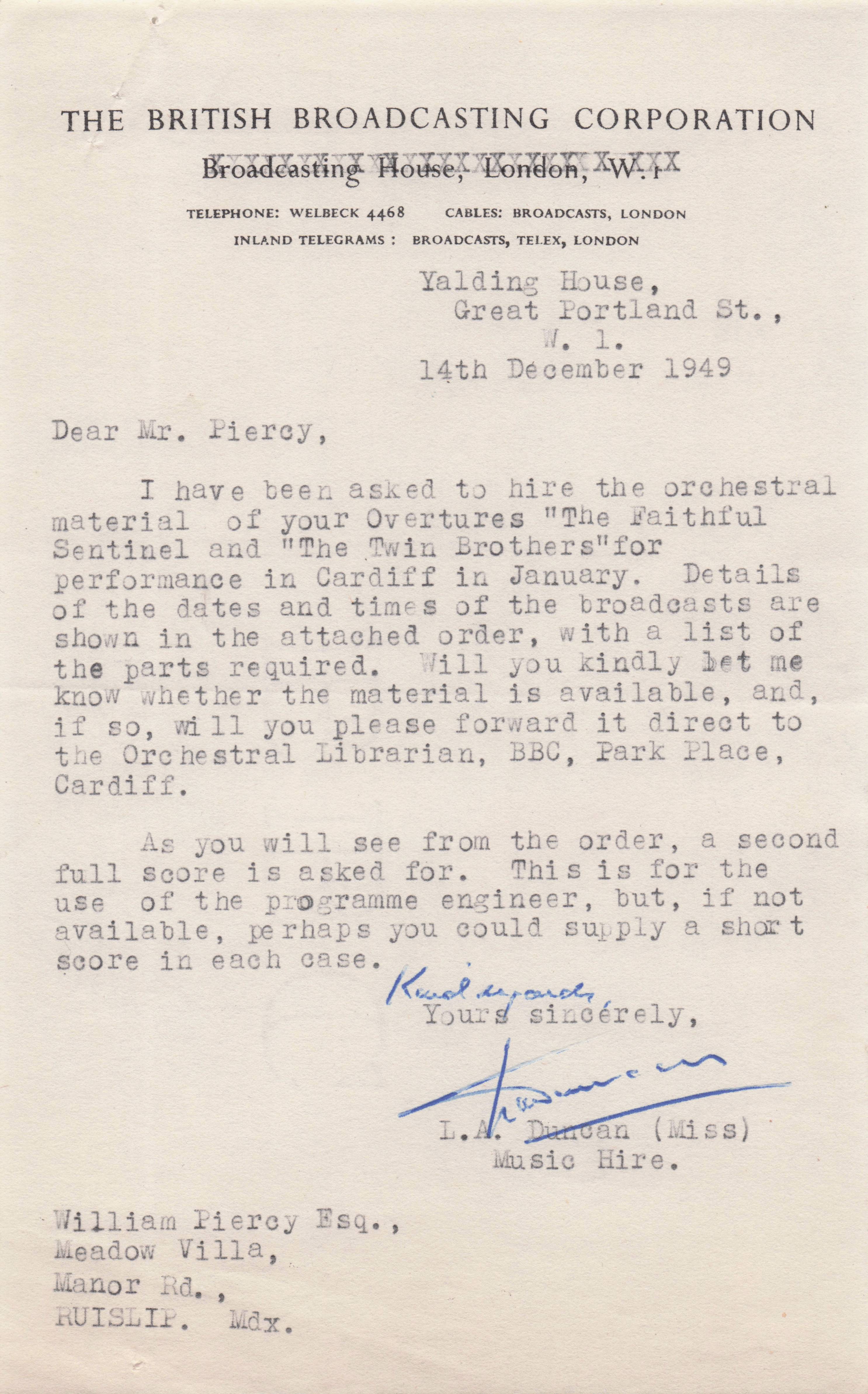 L.A.Duncan BBC 1940s Radio Curator Cardiff Music Score Hand Signed Letter