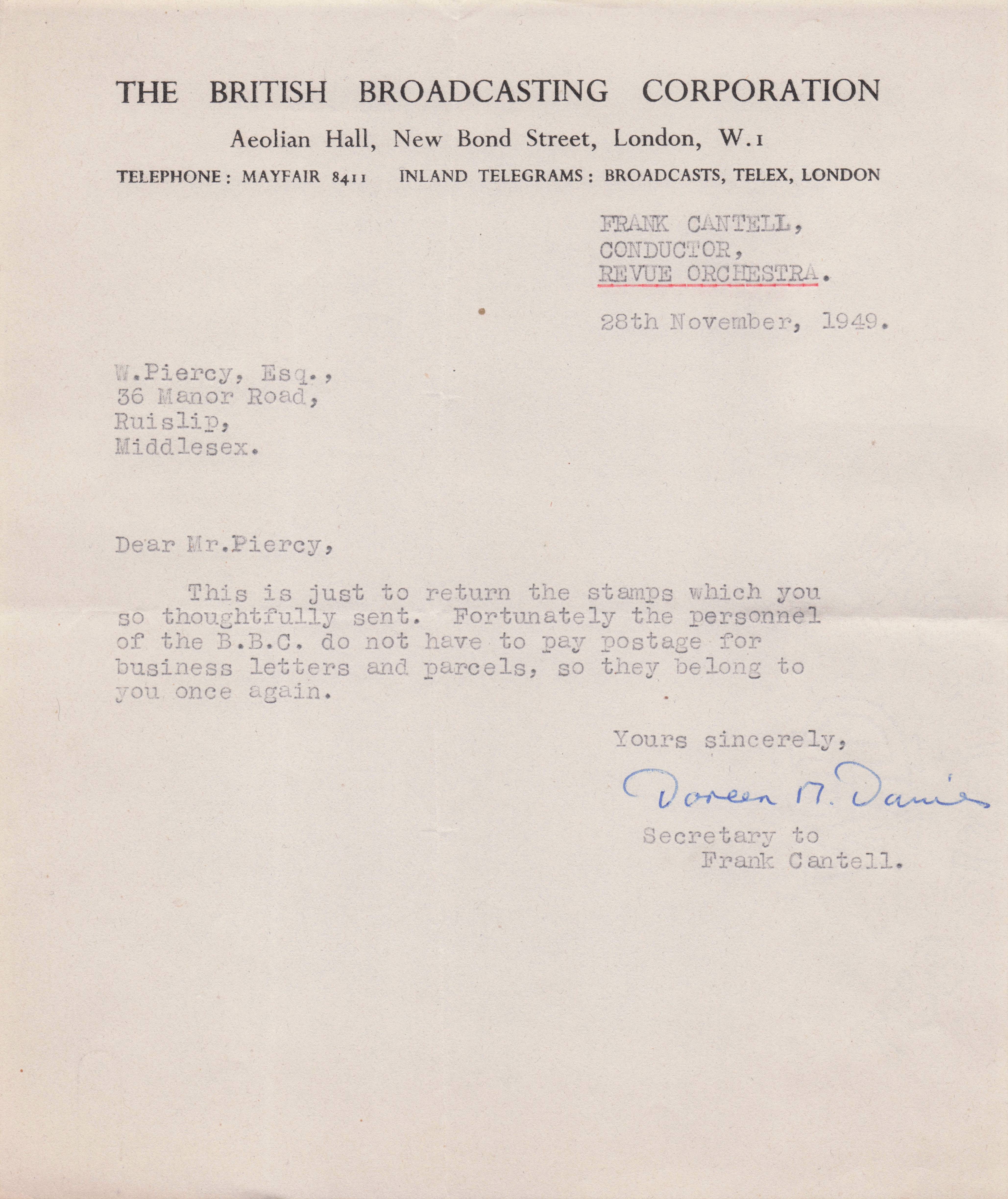 Frank Cantell BBC Light Orchestra 1940s Postage Stamps Return Signed Letter