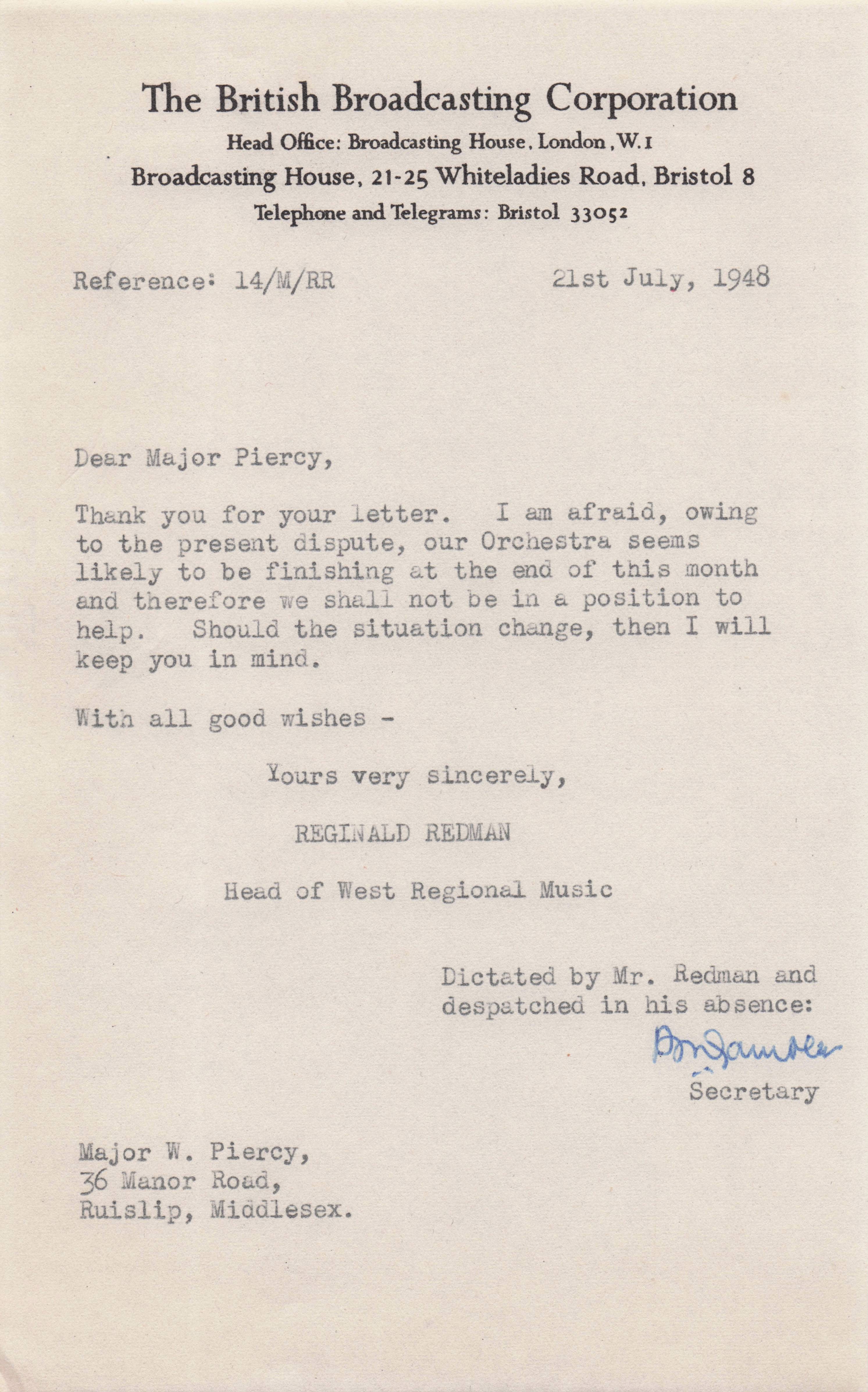 Reginald Redson BBC Head Of 1940s Music Hand Signed Letter