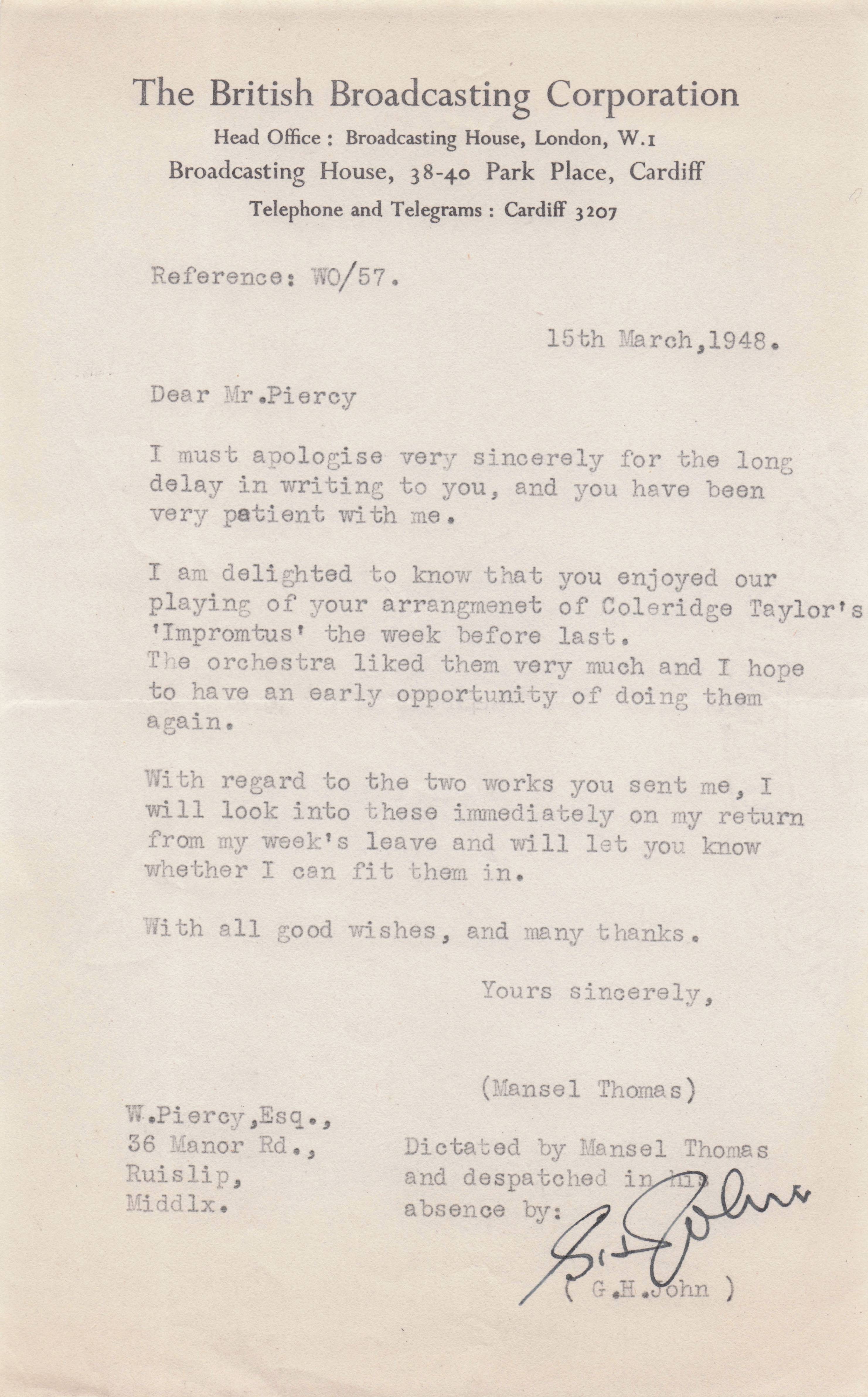 Mansel Thomas BBC 1940s Wales Music Composer Conductor Signed Letter