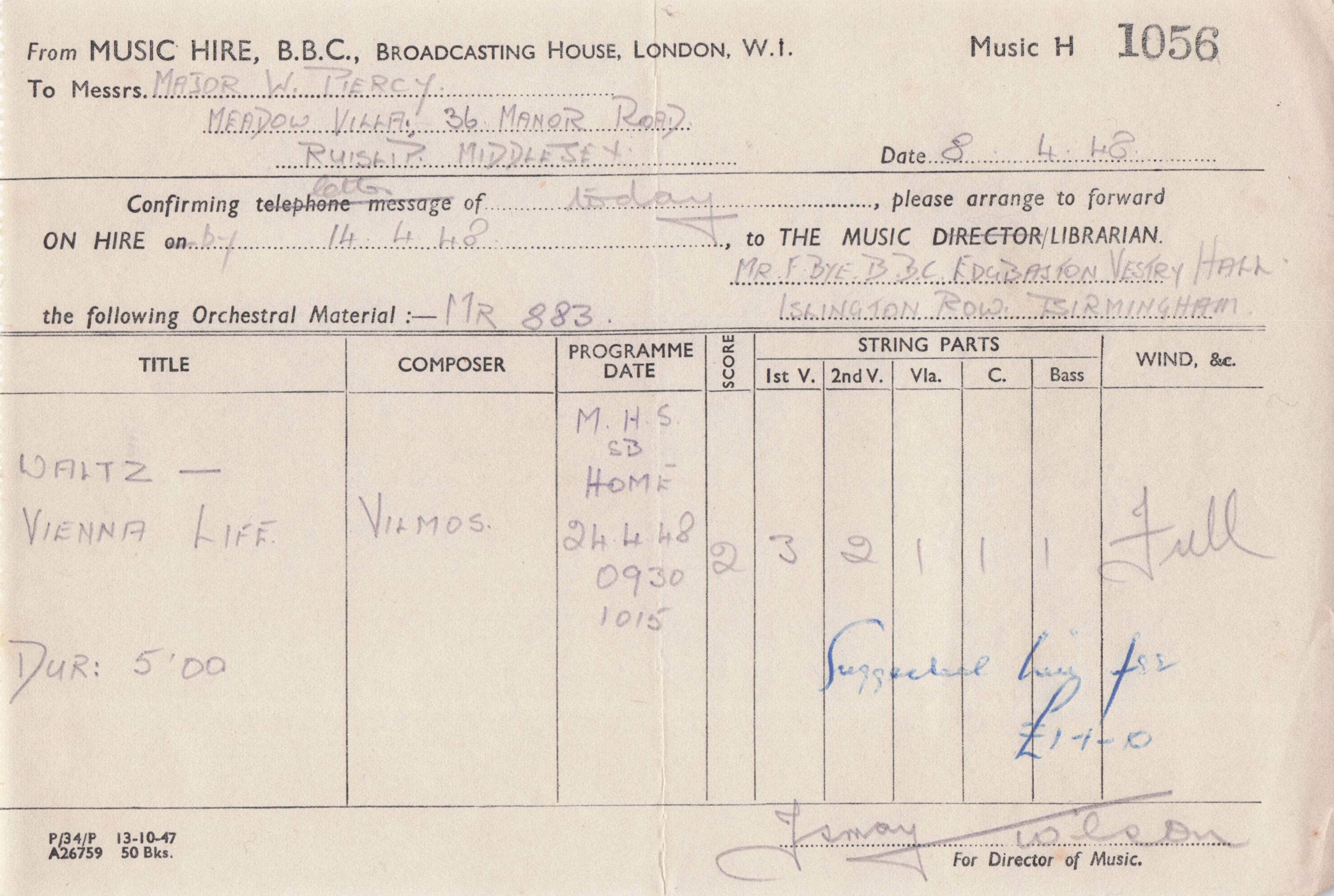 BBC Music Library 1948 Vienna Music Military Composer Hand Signed Receipt