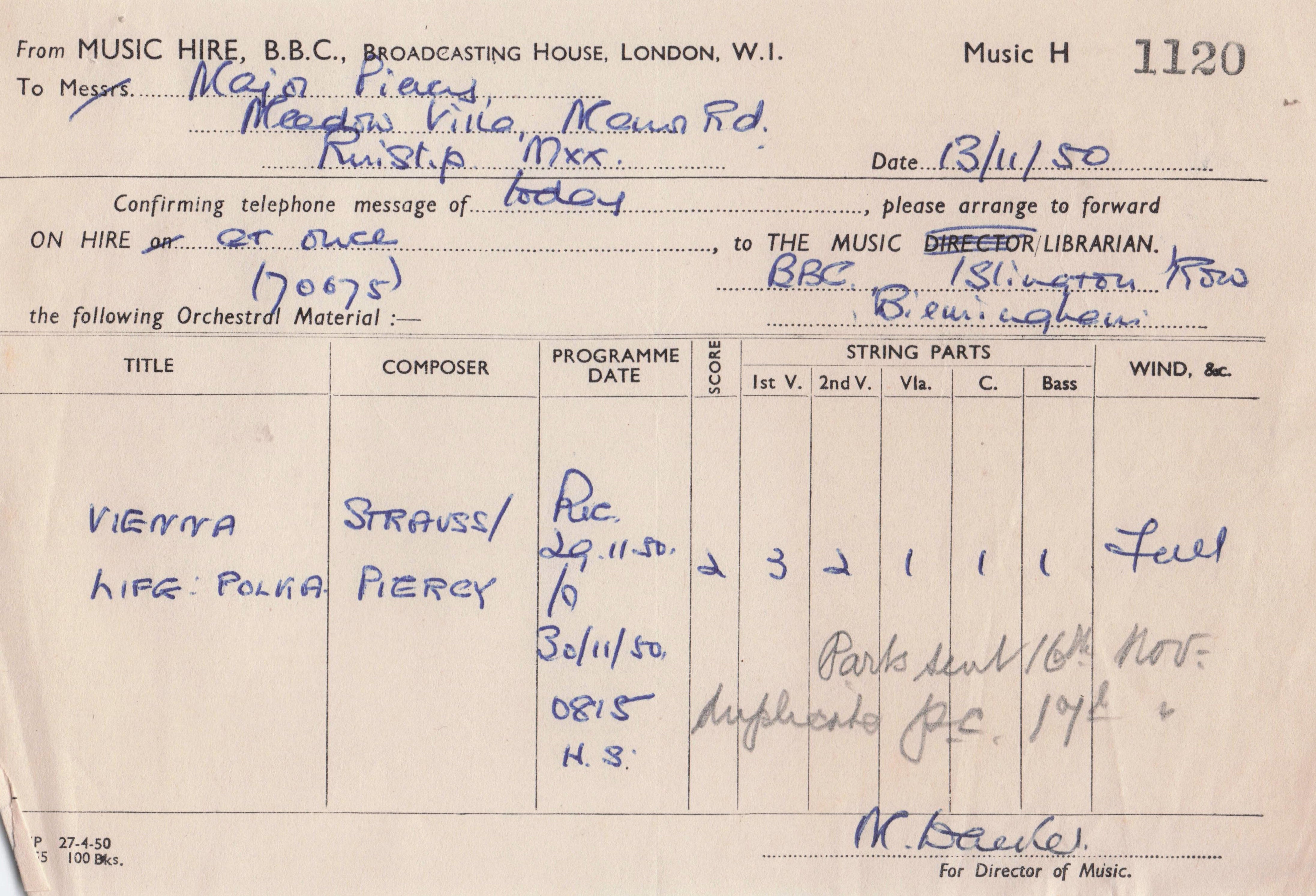 Strauss Vienna Classical Music BBC Library Director 1950 Hand Signed Receipt