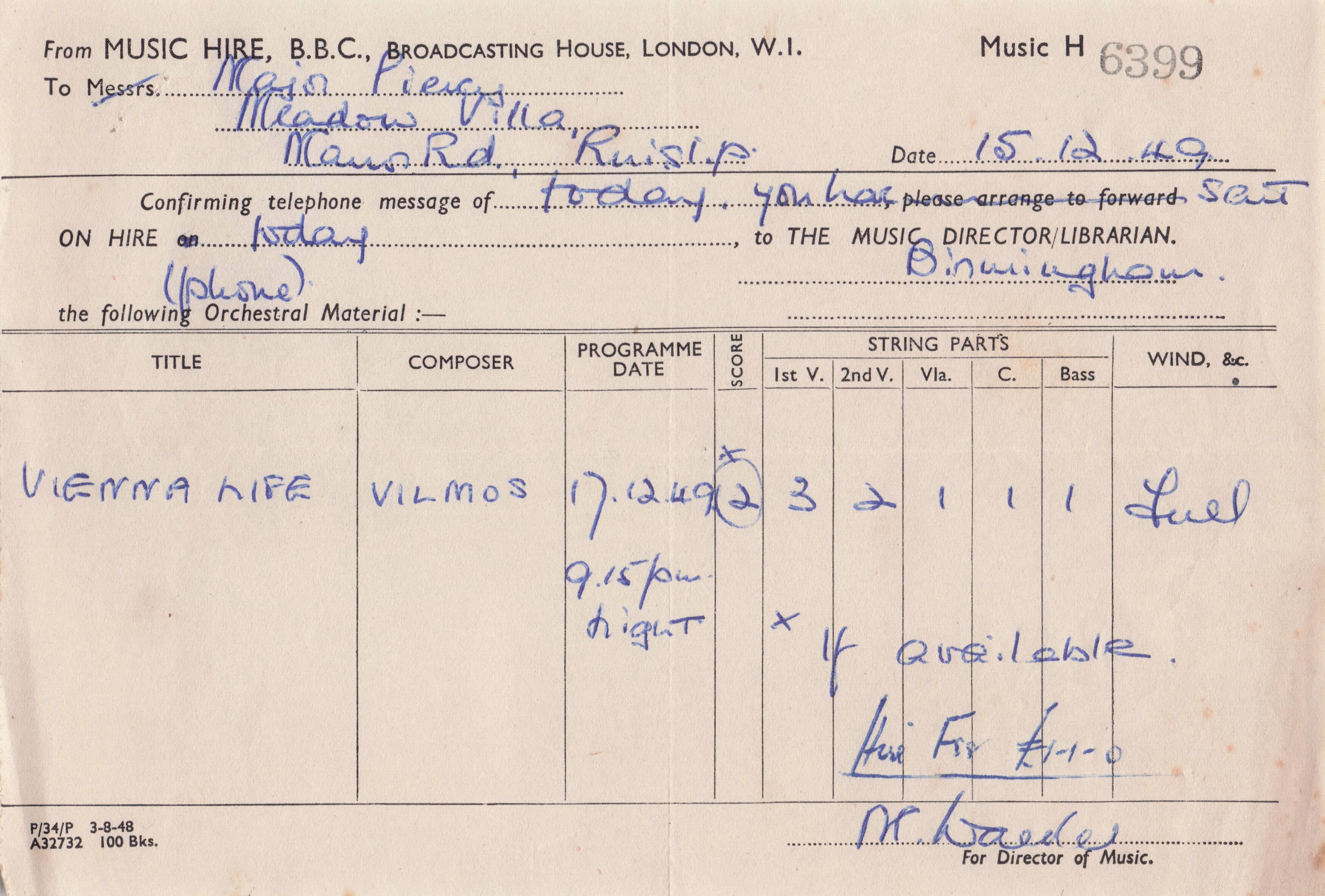 Vilmos Vienna Life Music Composer BBC Library Director 1949 Hand Signed Receipt