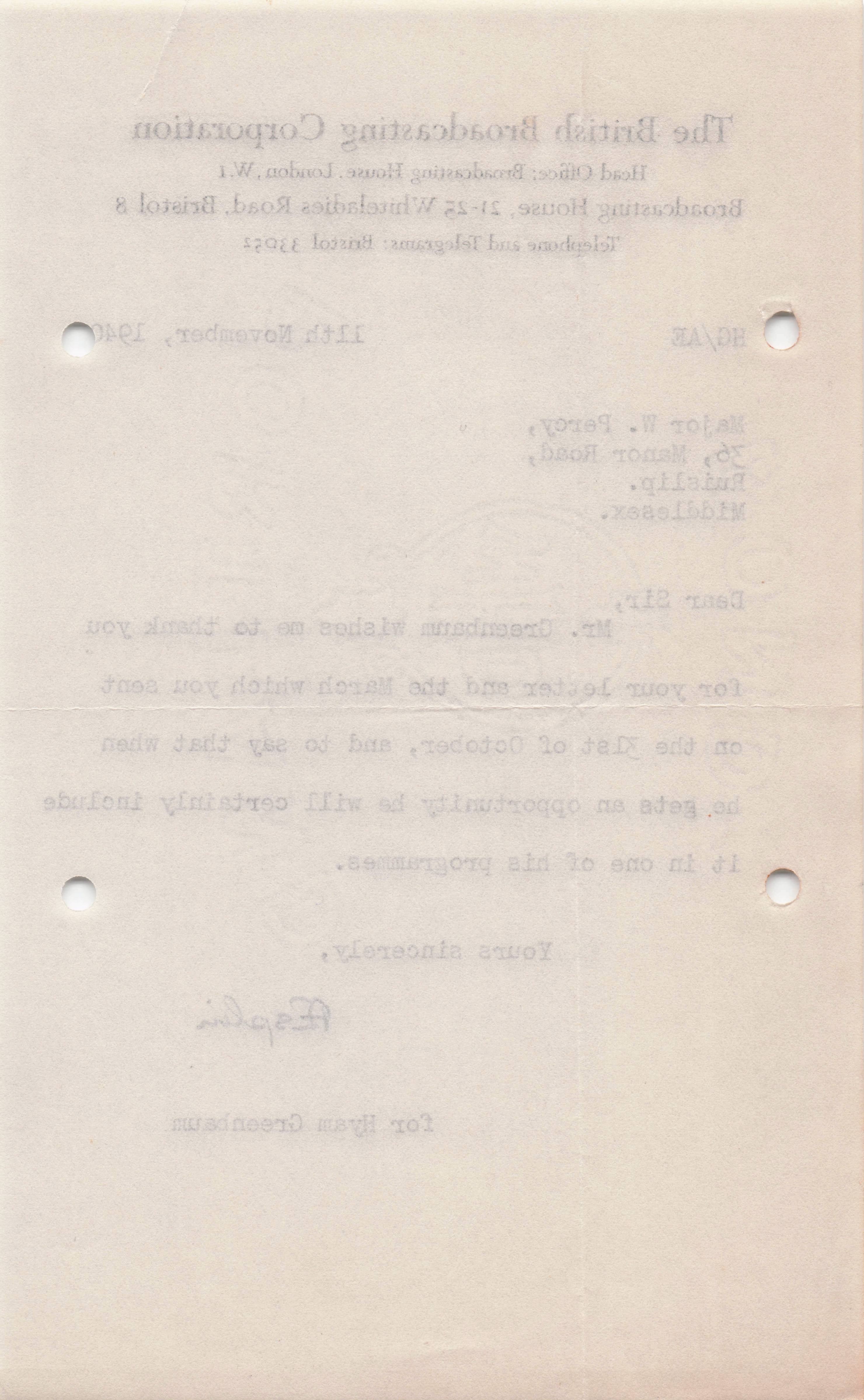 Hyam Greenbaum BBC Radio First Classical Music TV Conductor WW2 Letter