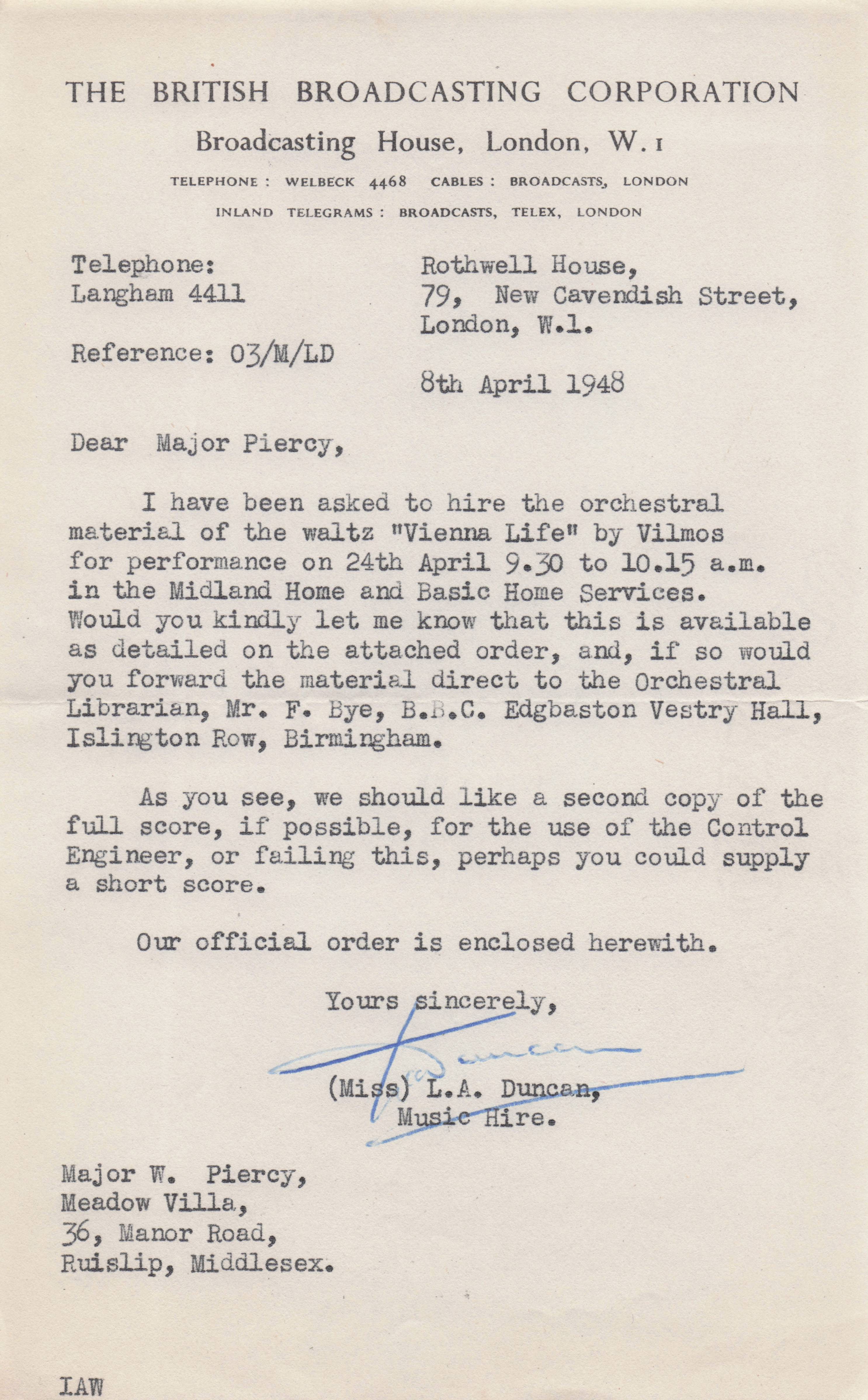 L.A.Duncan BBC 1940s Radio Curator Vienna Life Music Hand Signed Letter
