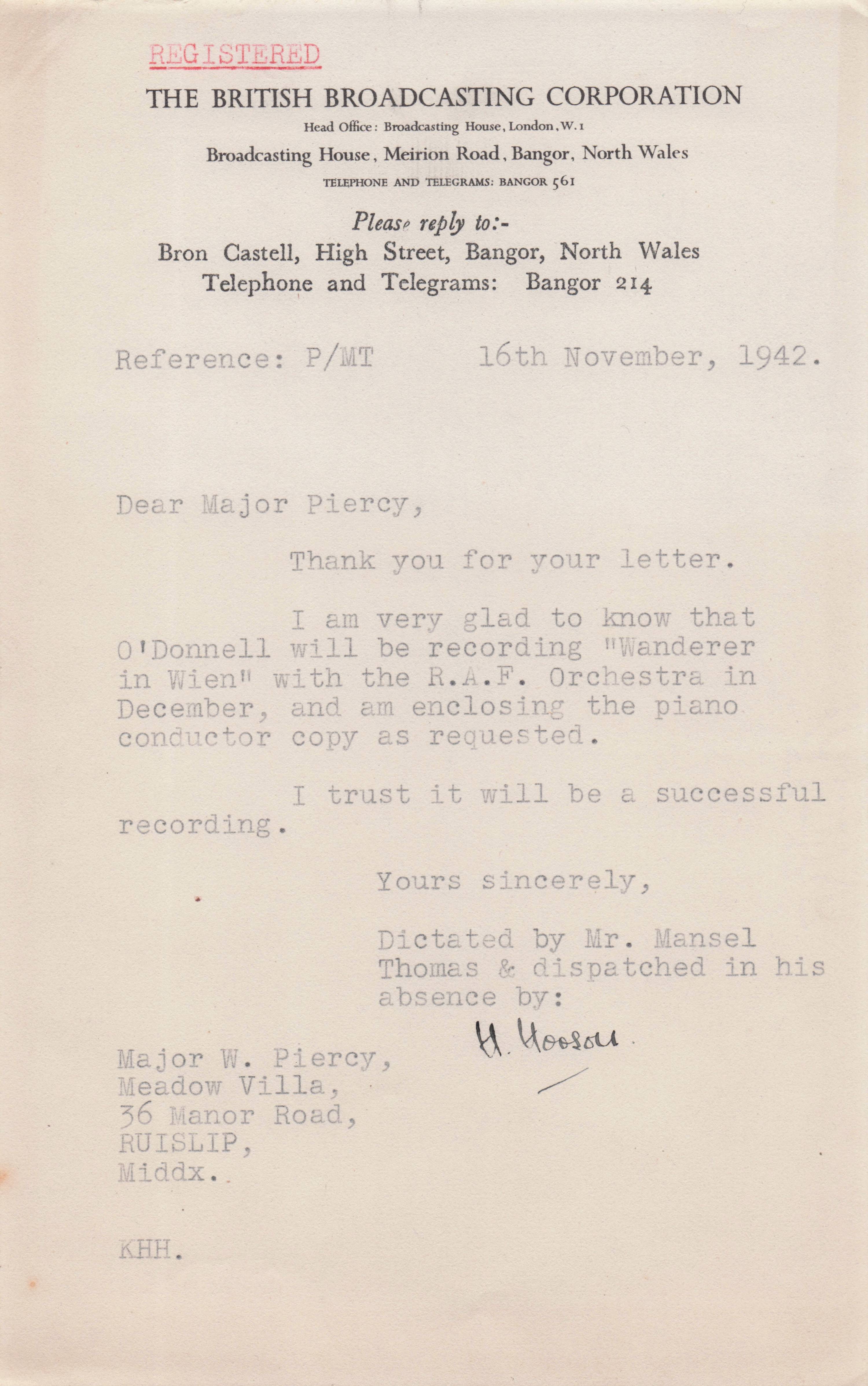 Mansel Thomas RAF Orchestra Wien Singer BBC WW2 Hand Signed Letter
