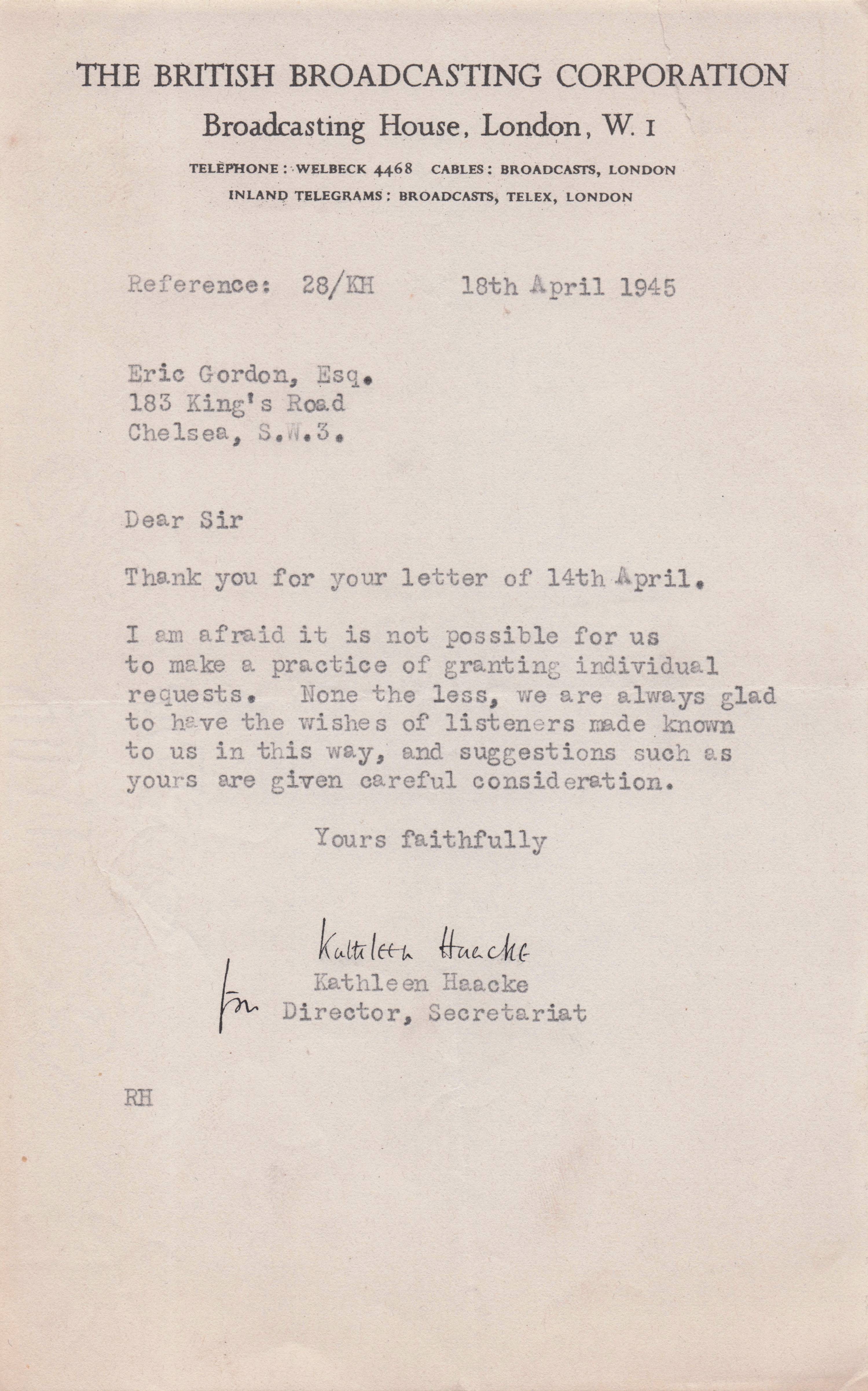 Kathleen Haacke MBE BBC Library WW2 of Frank Hughes Artist Hand Signed Letter