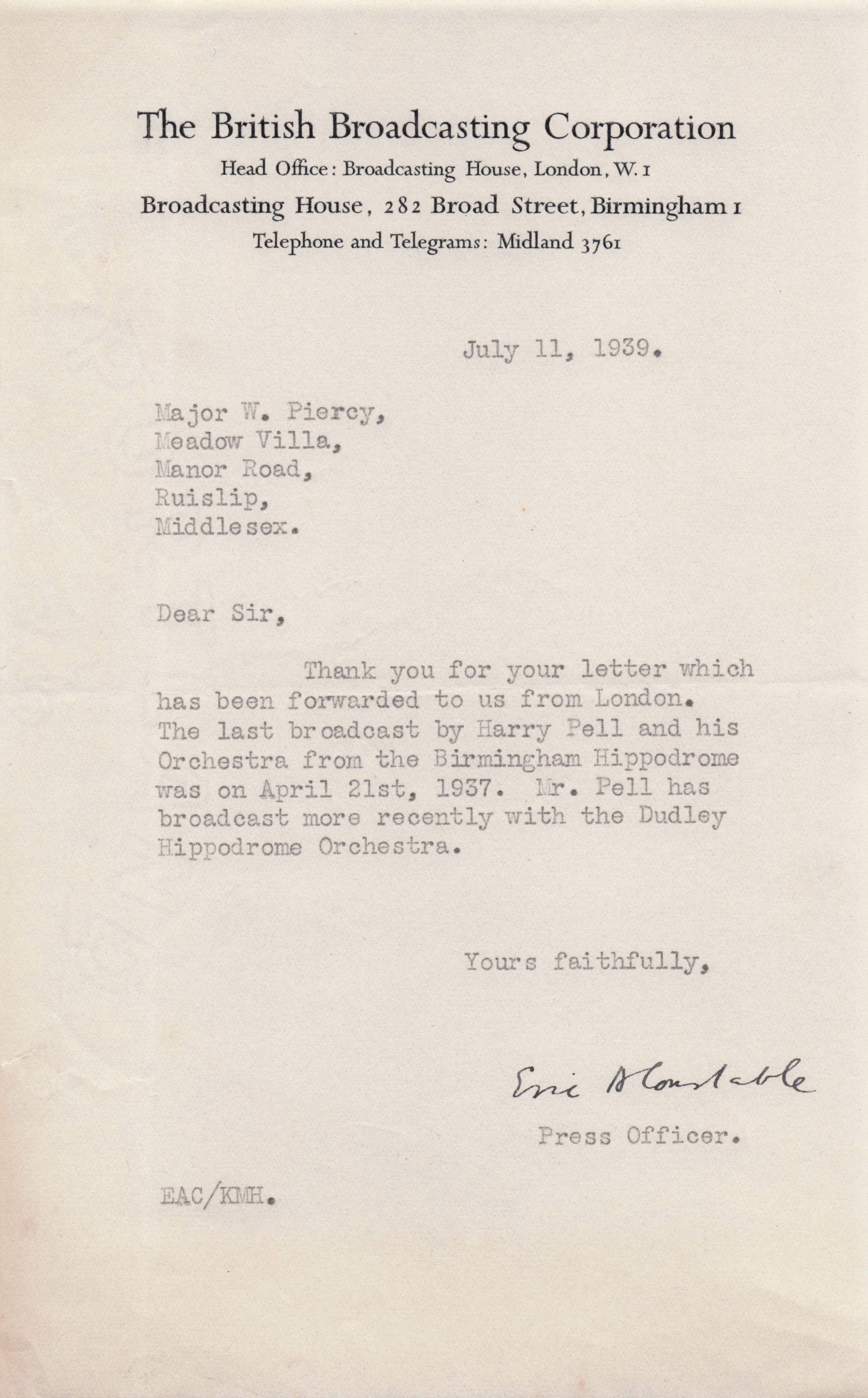 Eric Constable WW2 BBC Journalist Press Officer Music Hand Signed Letter