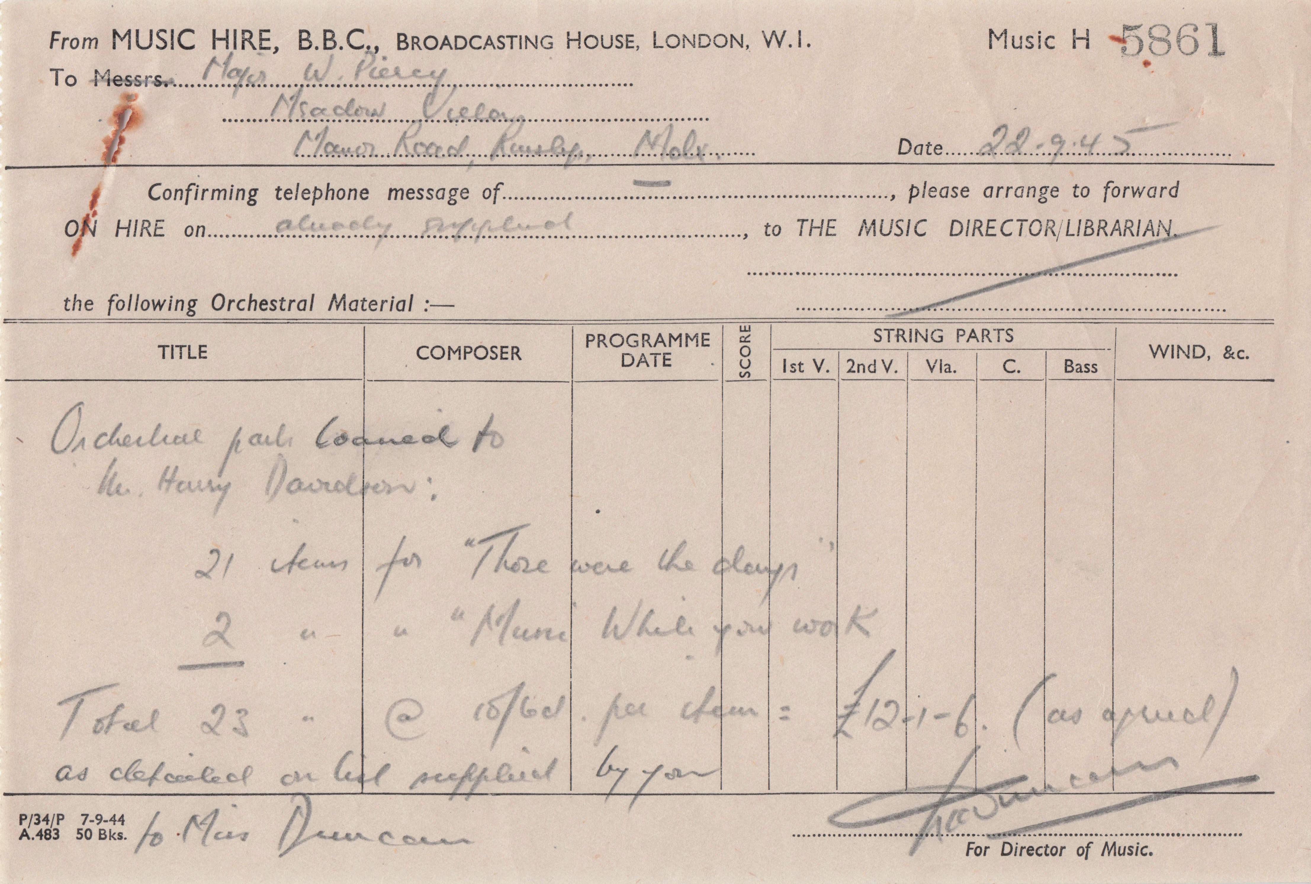 Those Were The Days WW2 BBC Radio Show Music Director Signed Receipt