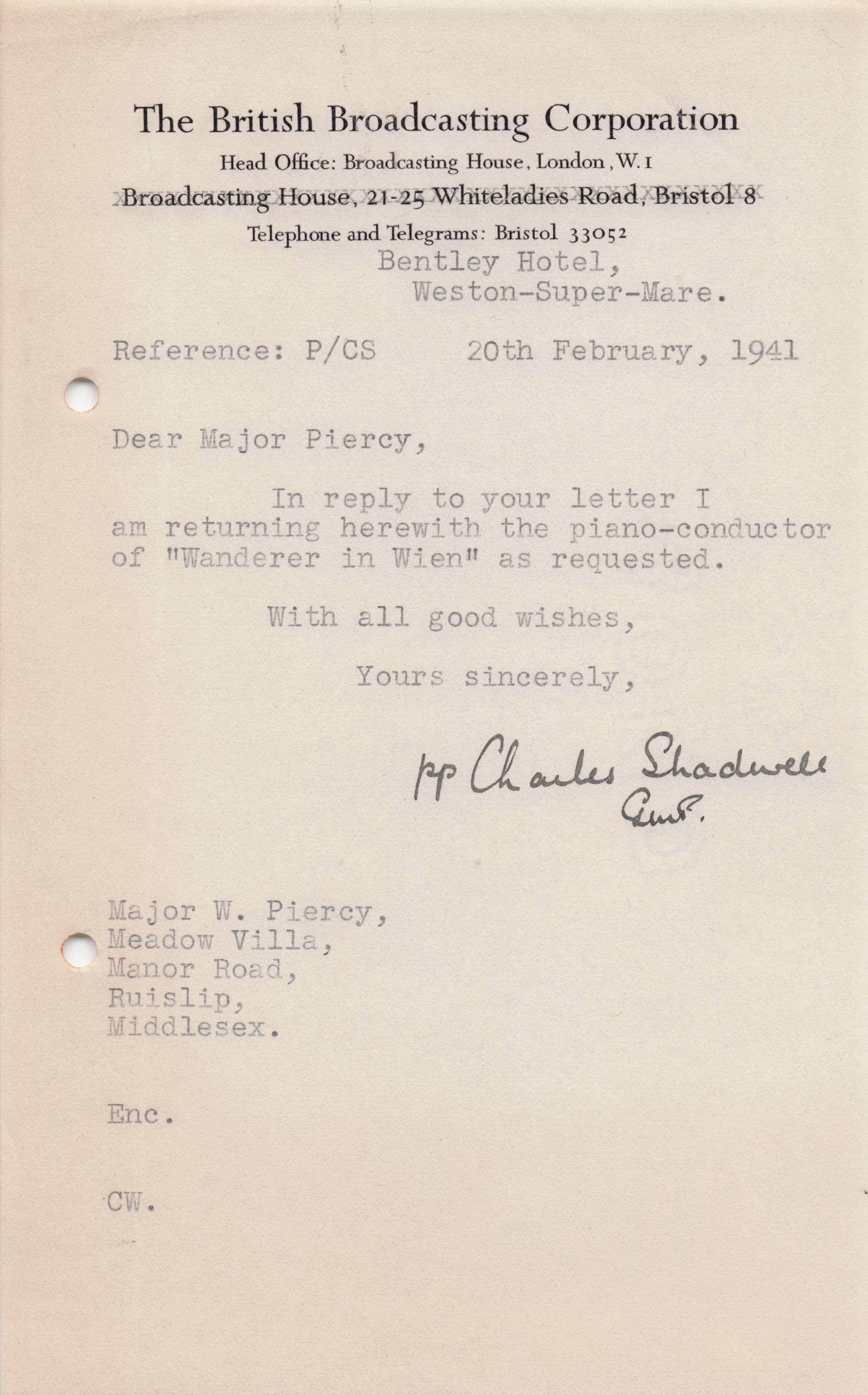 Charles Shadwell Wien Austria Wanderer BBC WW2 Radio Hand Signed Letter