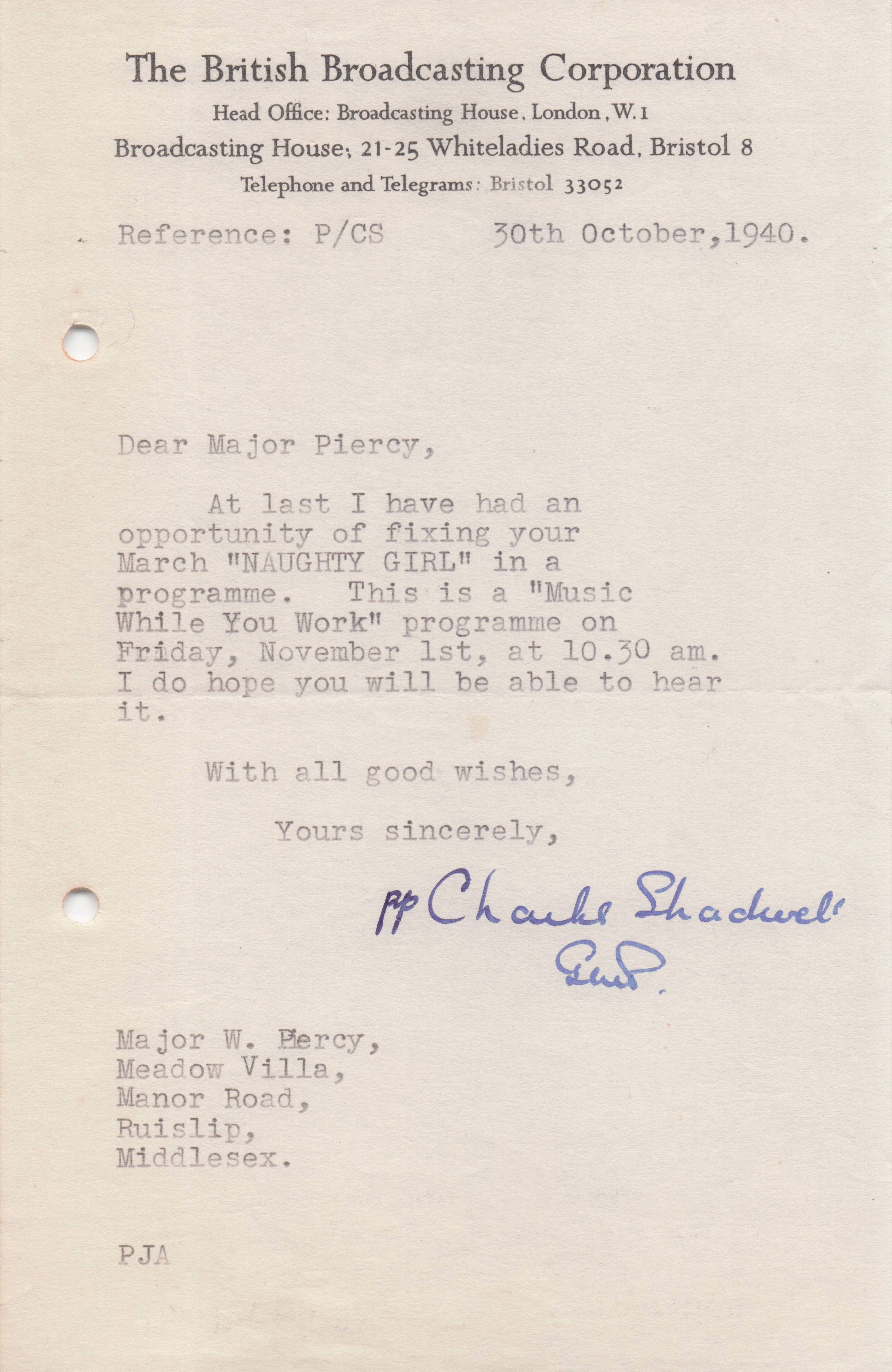 Charles Shadwell Music While You Work WW2 BBC Radio Hand Signed Letter