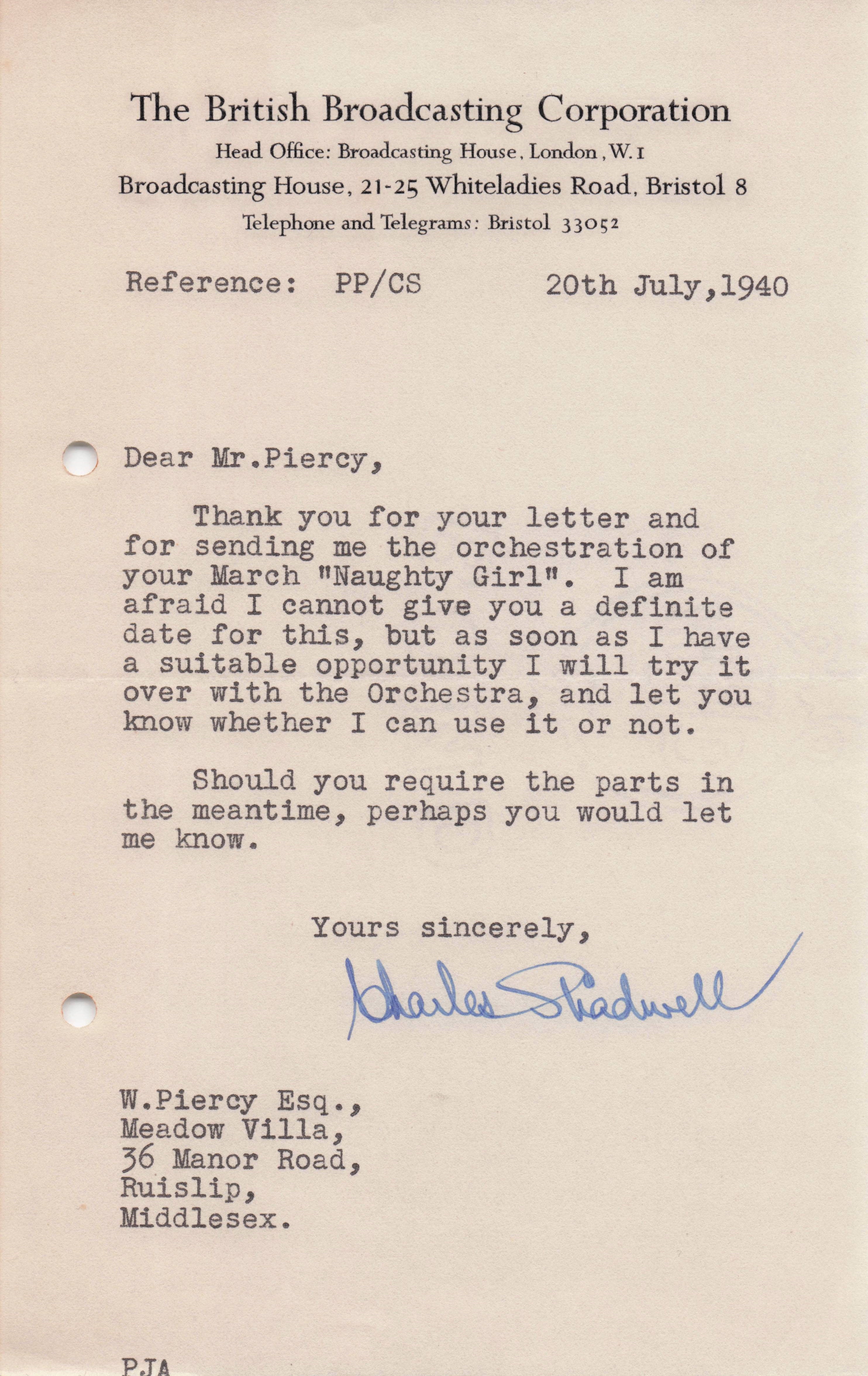 Charles Shadwell Military Naughty Girls March BBC WW2 Radio Hand Signed Letter