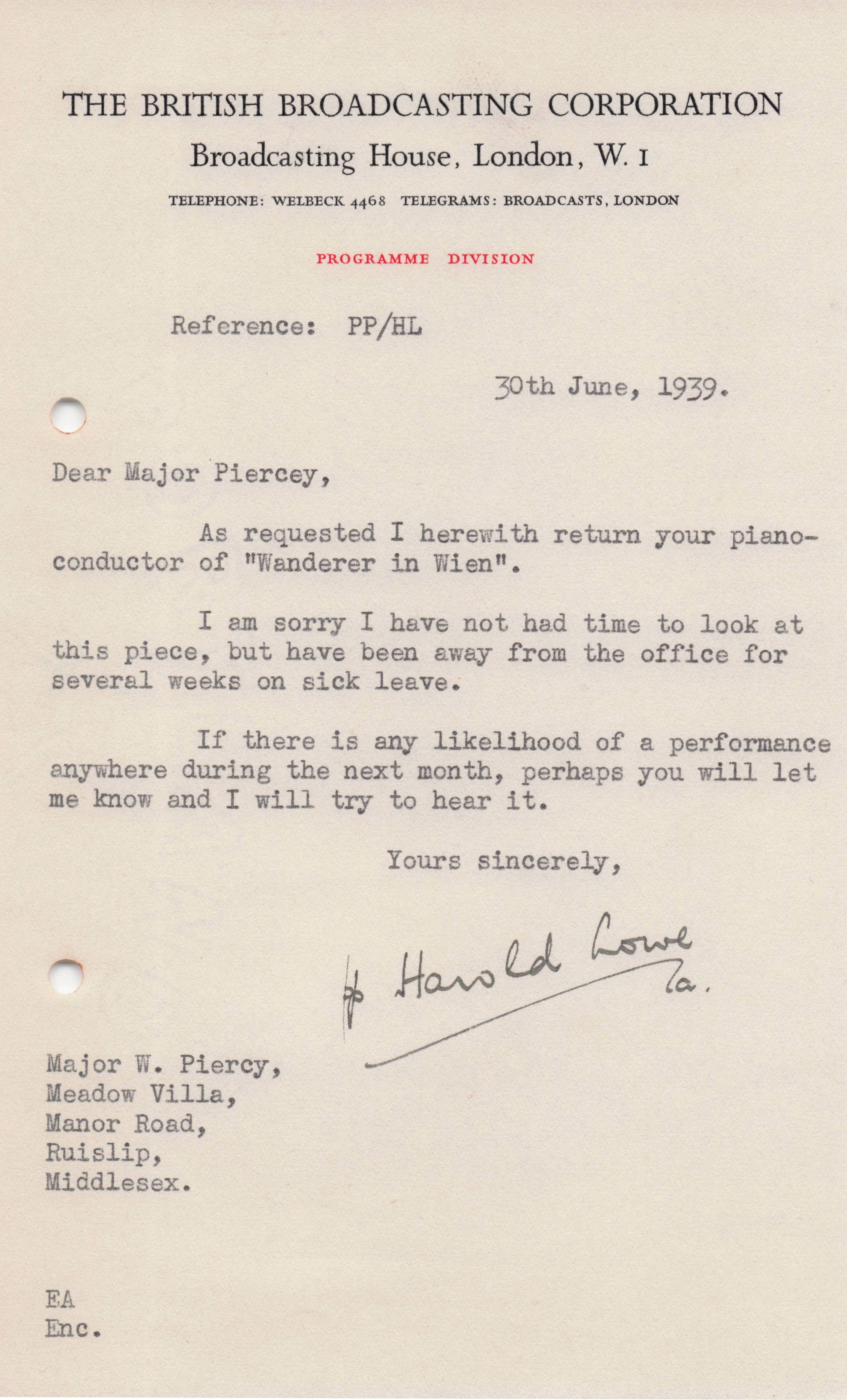 Harold Lowe BBC War WW2 Radio Wanderer In Wien Hand Signed Letter