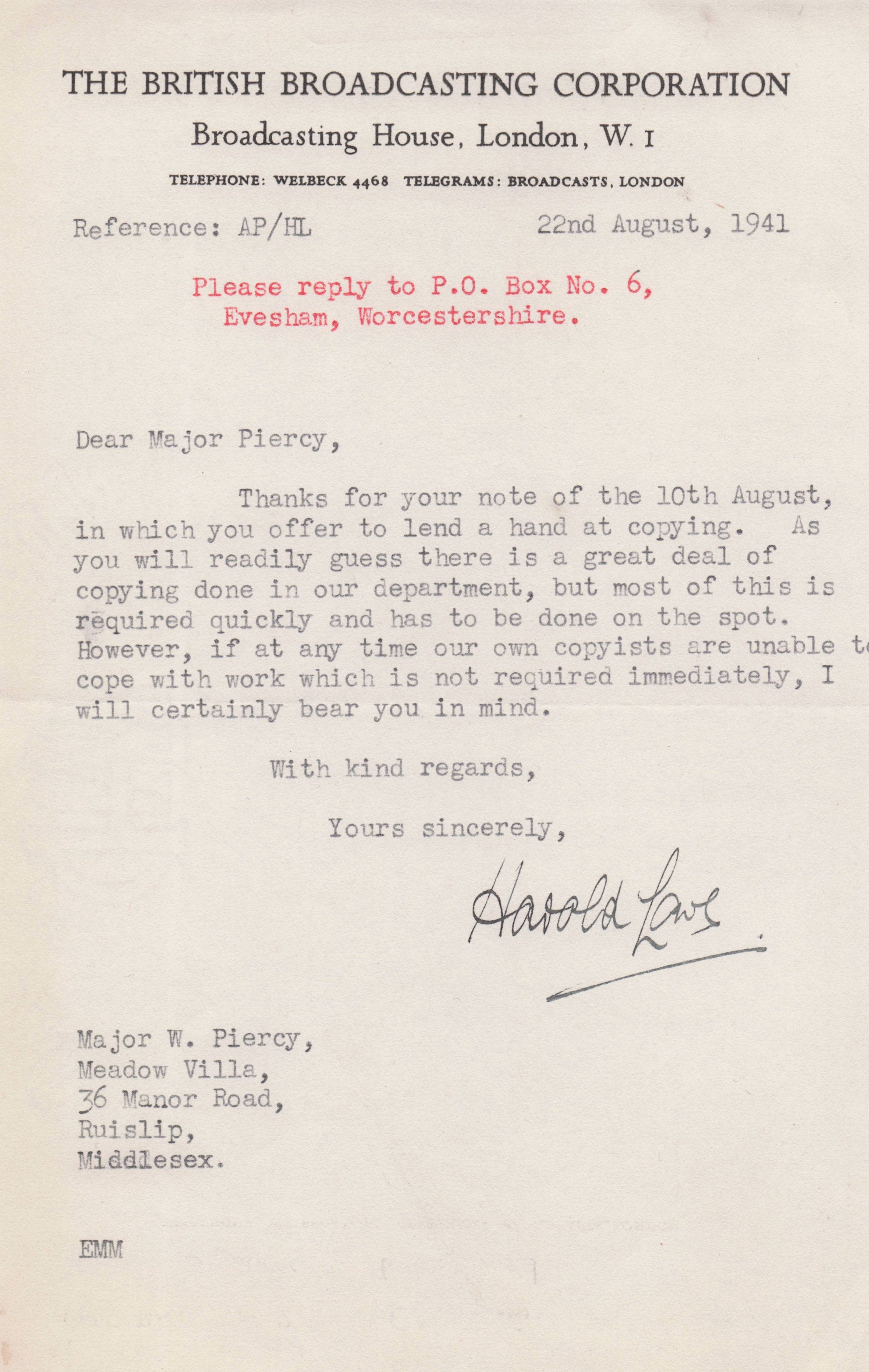 Harold Lowe Military Major BBC Radio Recruitment WW2 Hand Signed Letter