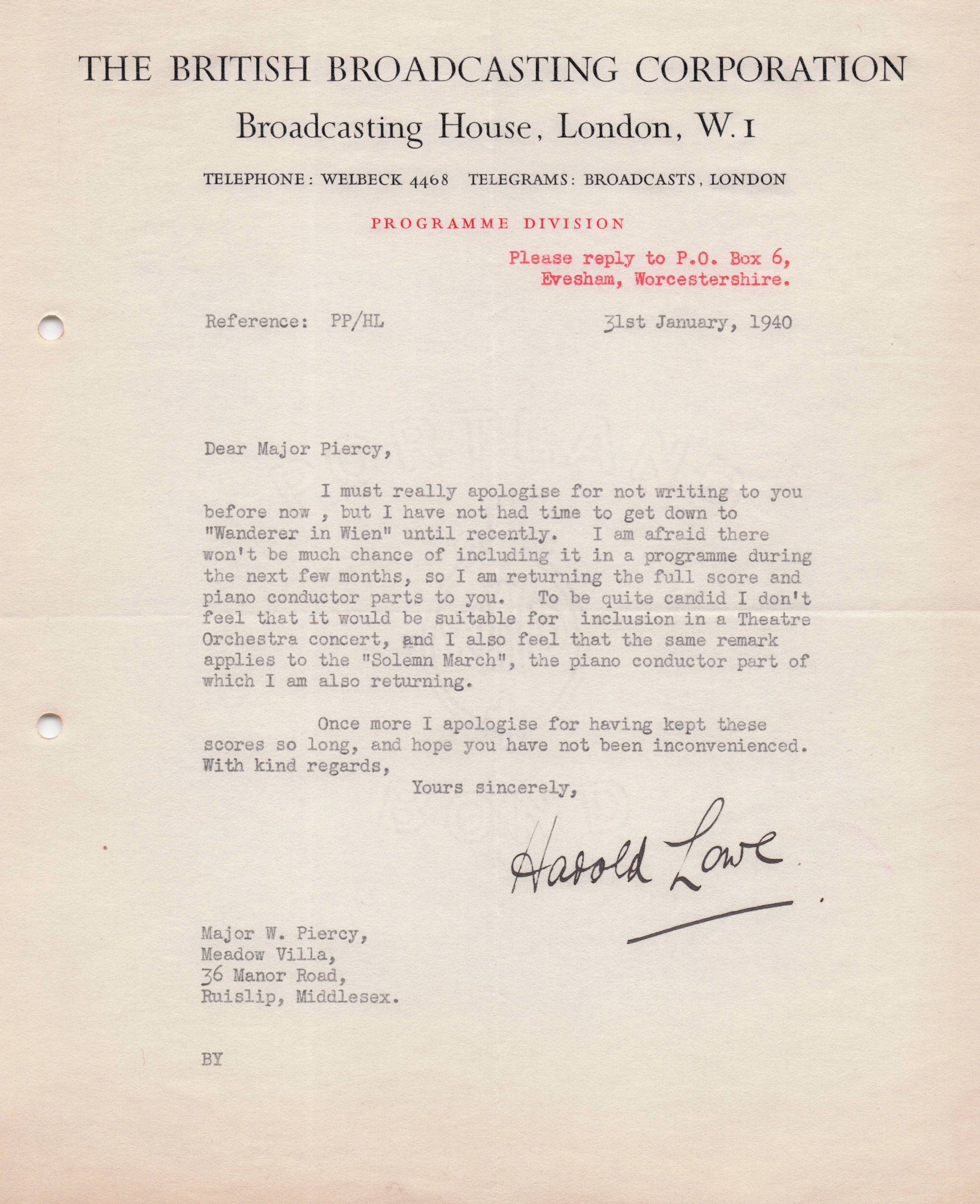 Harold Lowe BBC War WW2 Radio Wien Austria Waltz Show Hand Signed Letter