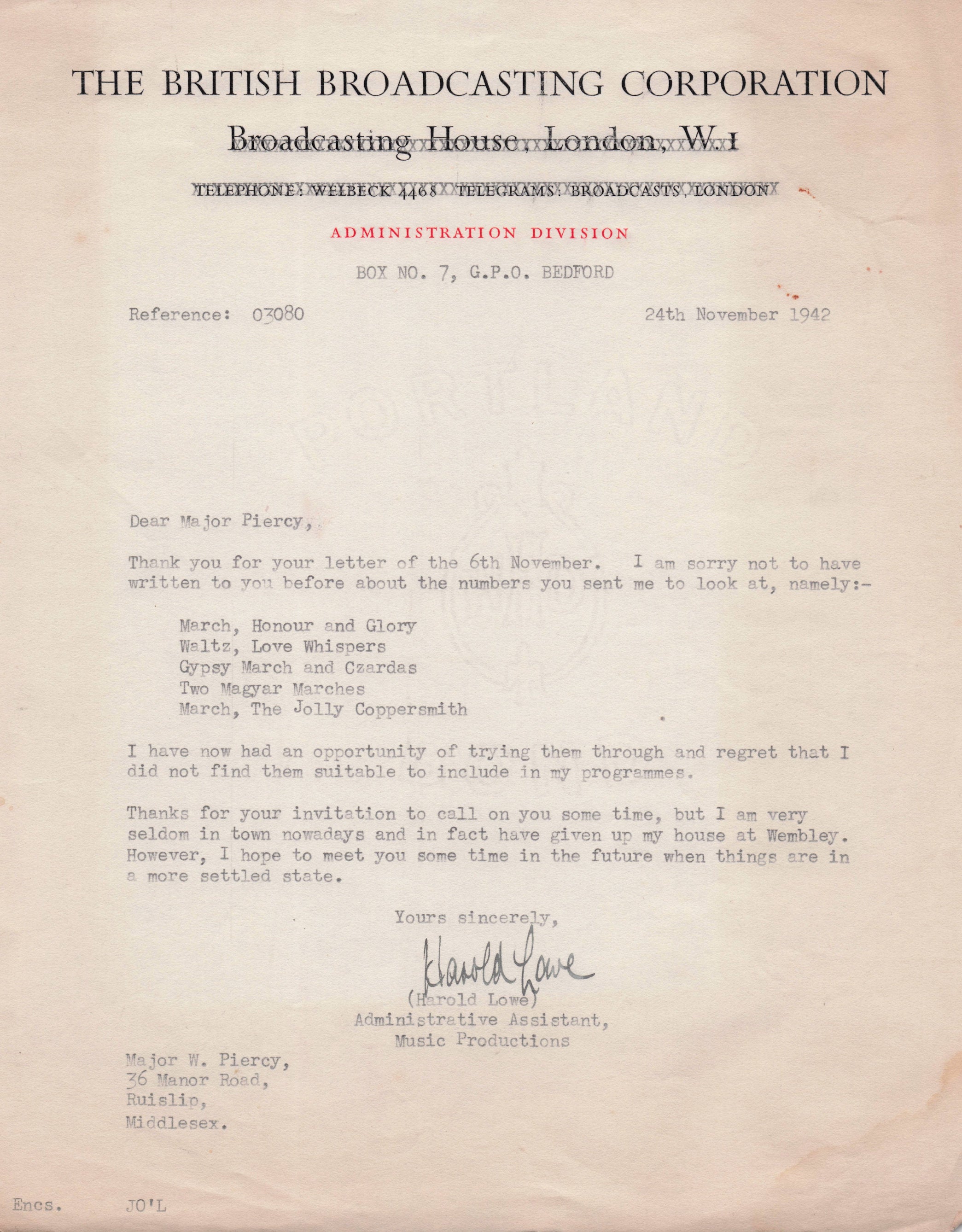Harold Lowe WW2 Forces Orchestra Radio Show Music BBC Hand Signed Letter