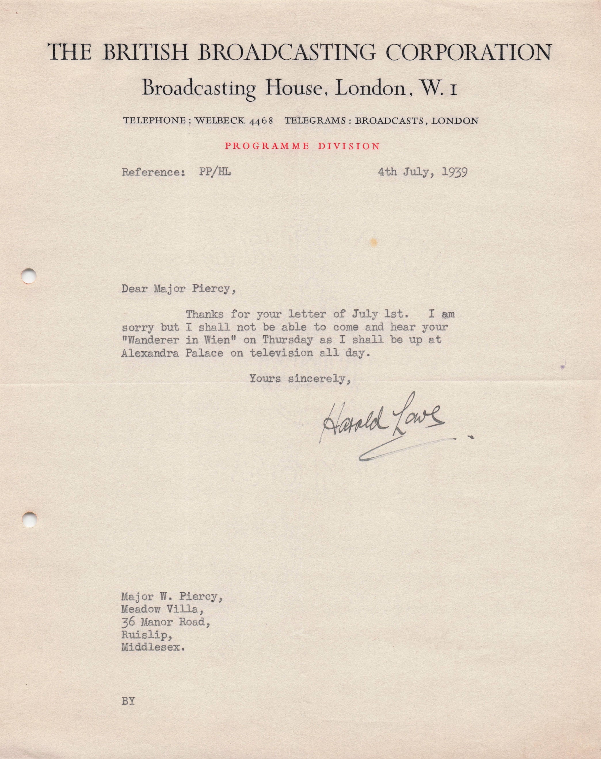 Harold Lowe WW2 BBC Radio Forces Show Alexandra Palace Hand Signed Letter