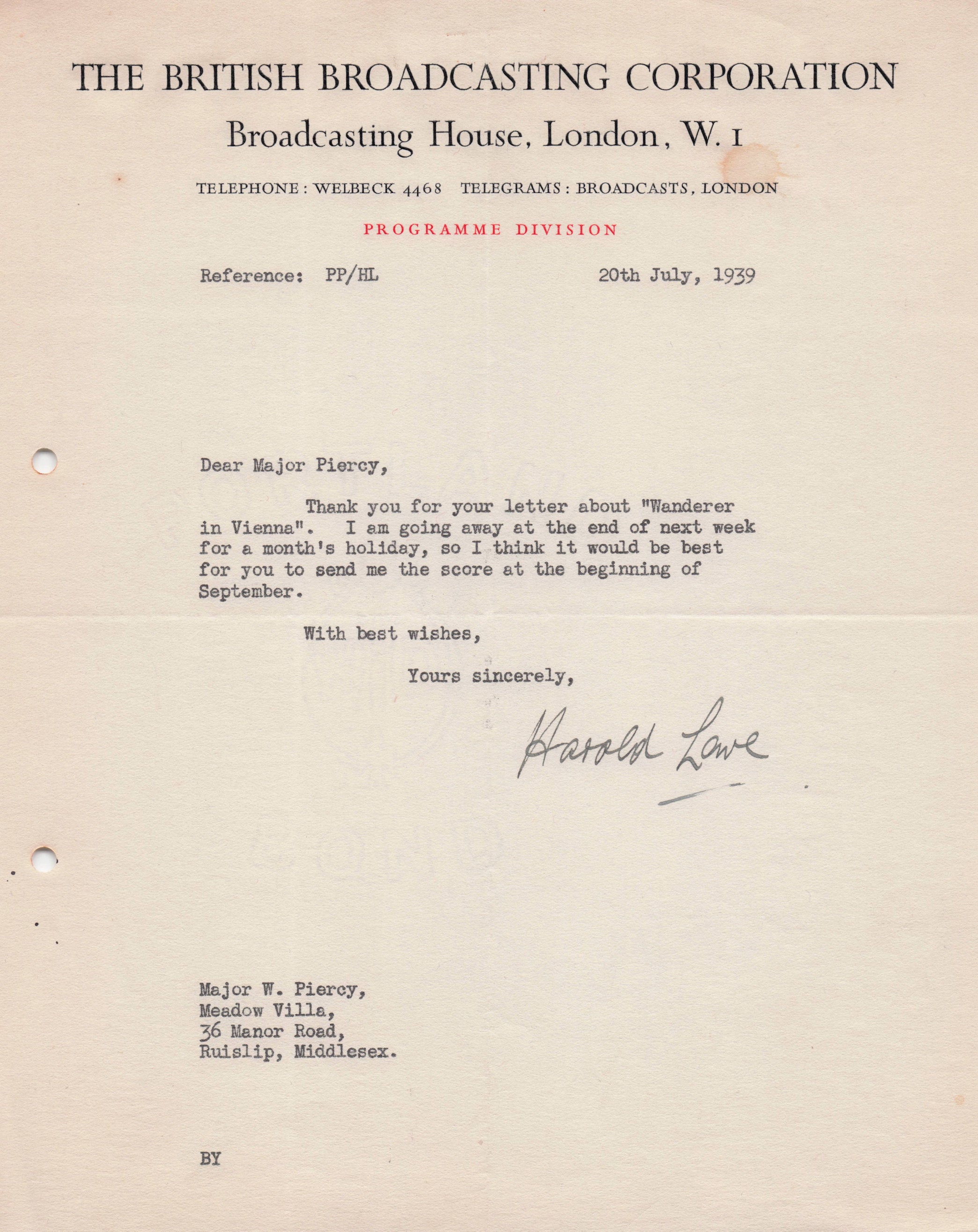 Harold Lowe BBC Radio Military Forces Show Vienna WW2 Music Hand Signed Letter