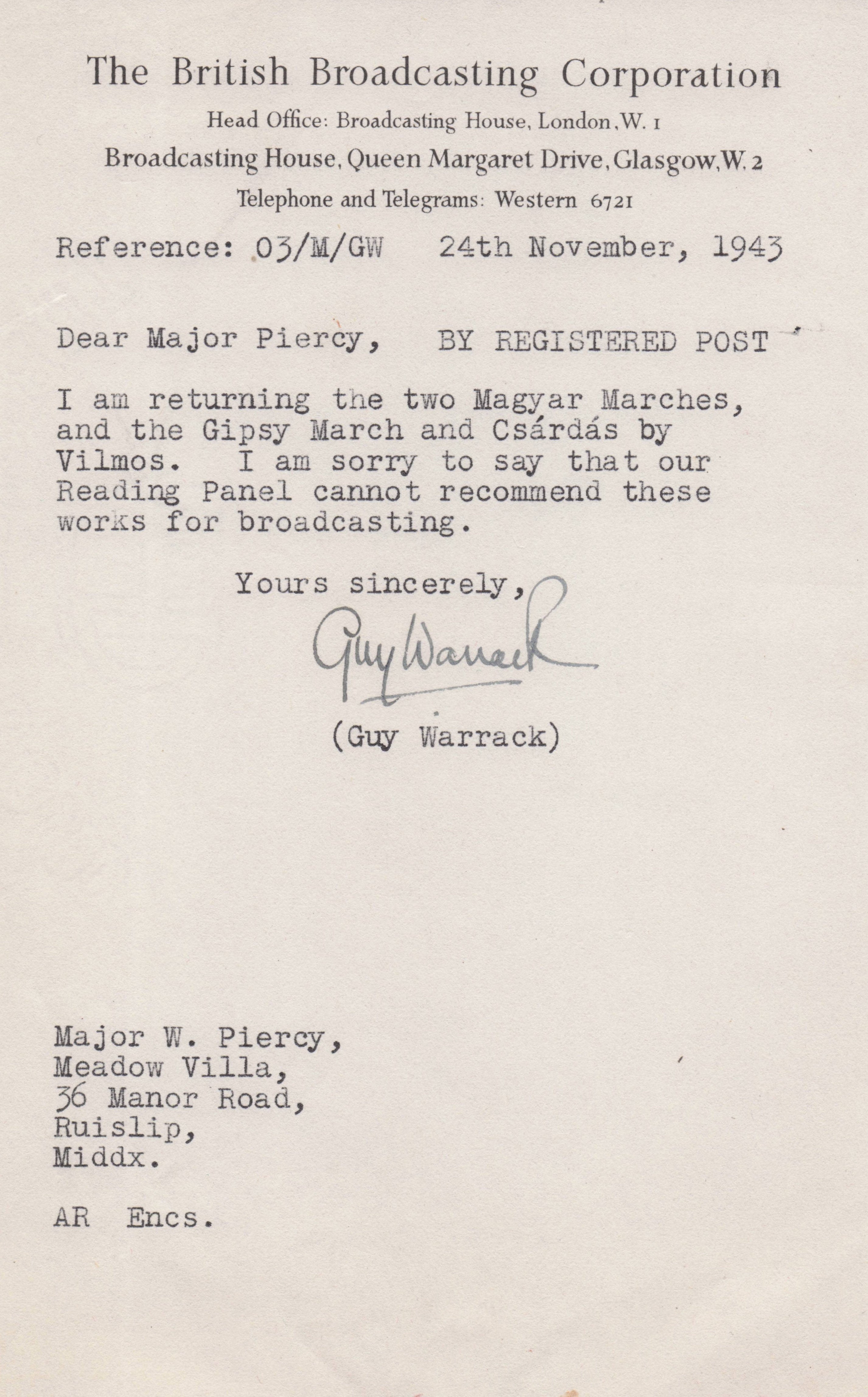 Guy Warrack BBC Scottish WW2 Radio German Invasion Of Poland Signed Letter