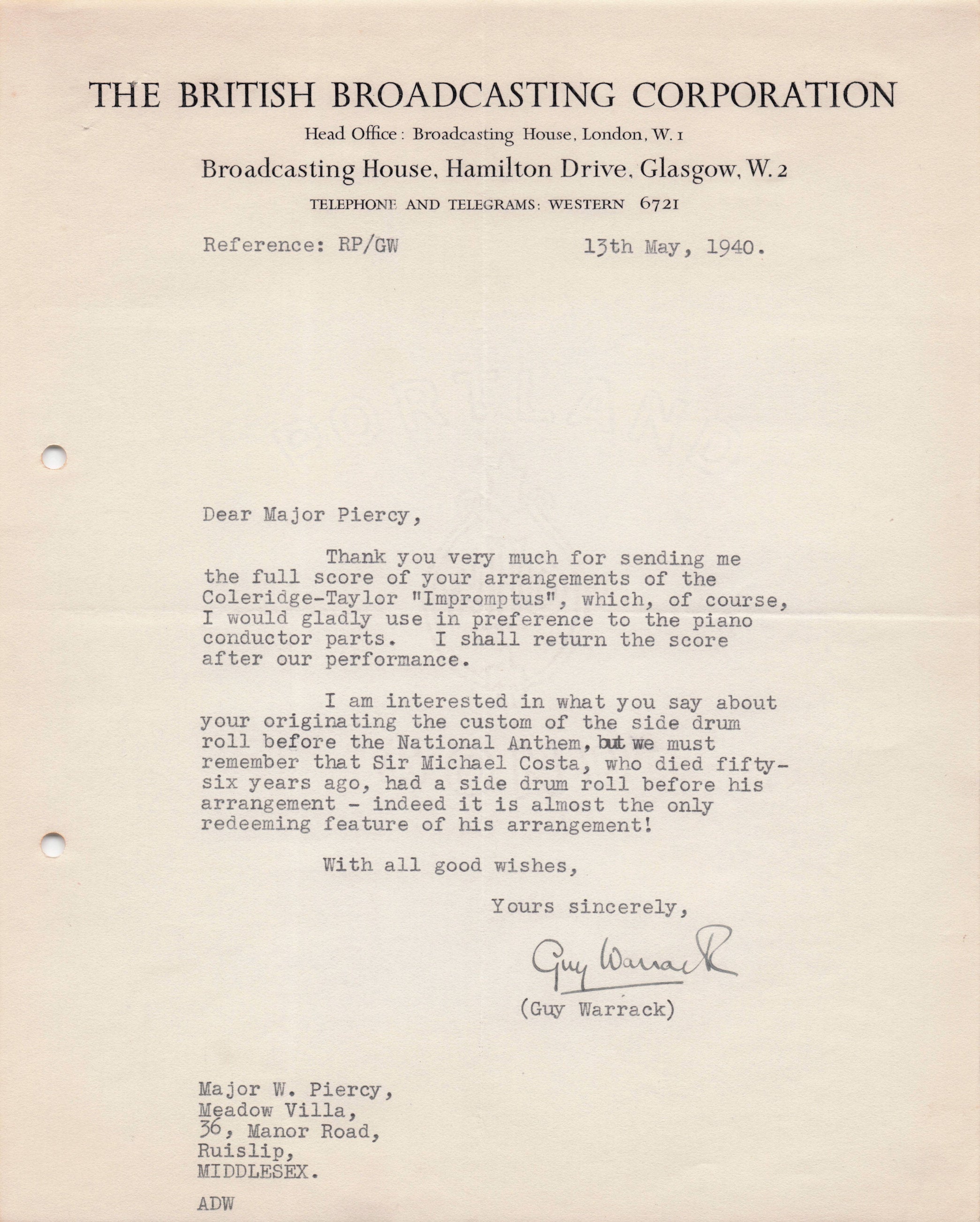 Guy Warrack National Anthem Drum Roll WW2 BBC Radio Hand Signed Letter