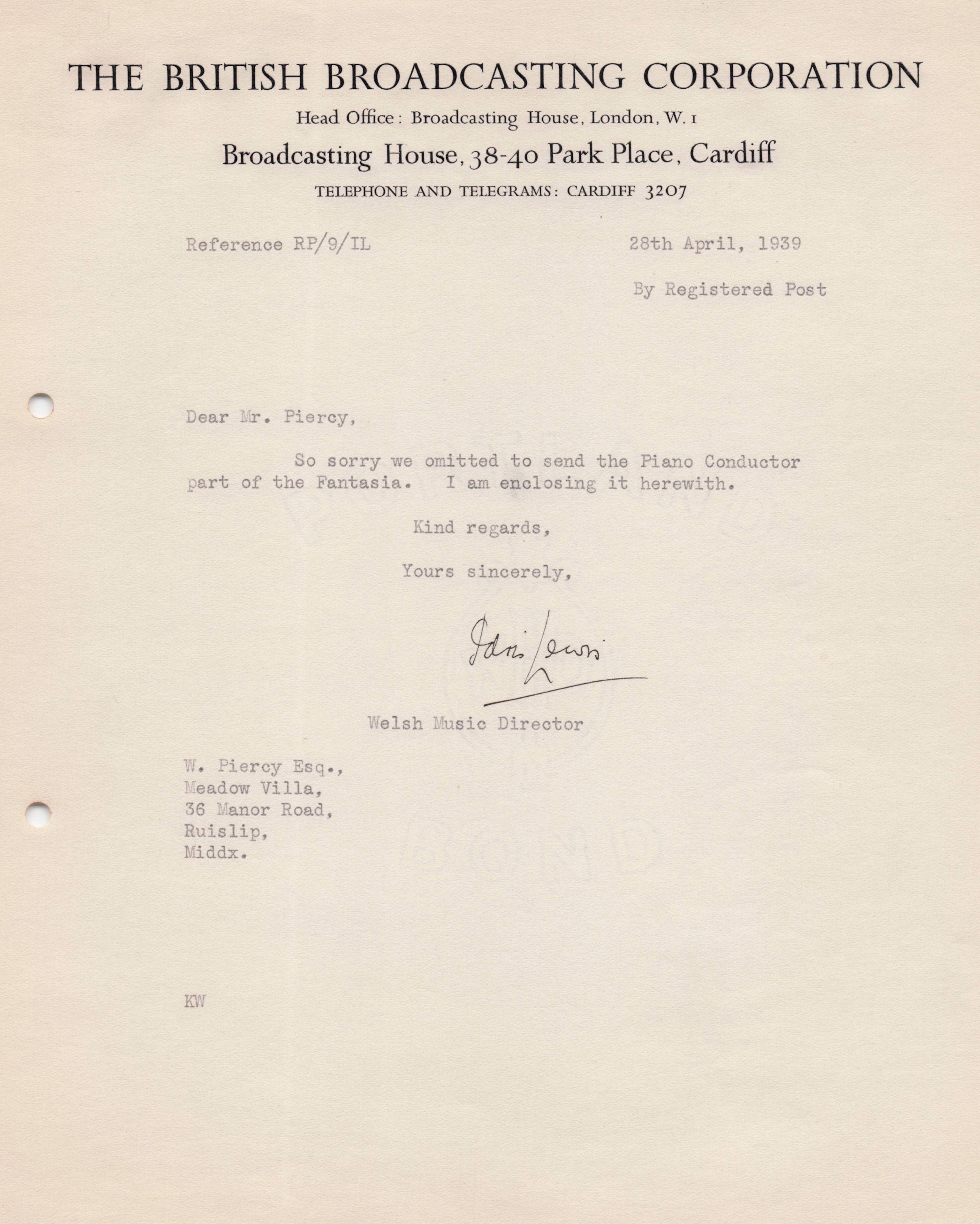 Idris Lewis BBC Wales Welsh WW2 Music Old Piano Conductor Hand Signed Letter