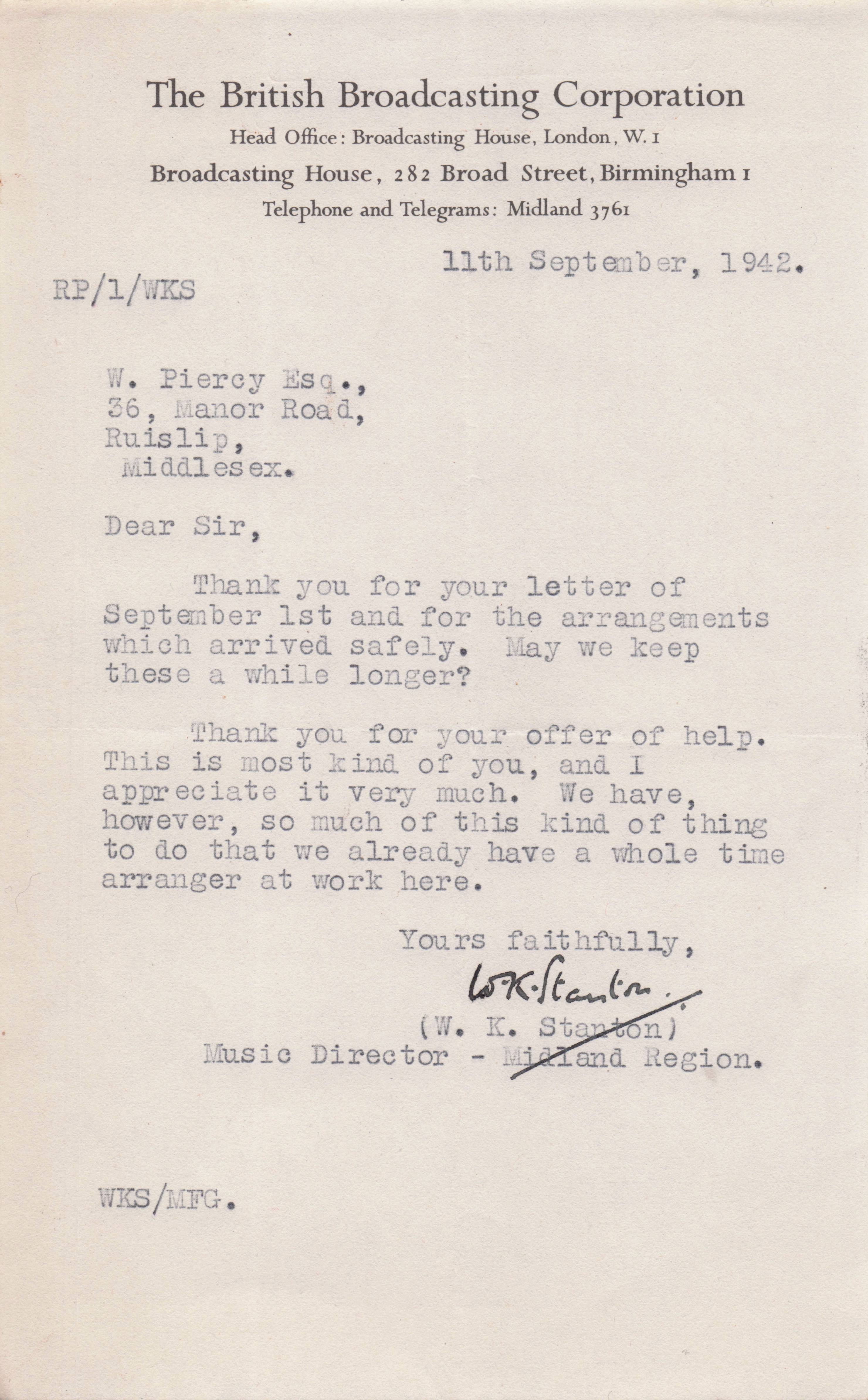 Walter W.K. Stanton WW2 Blitz BBC Midland Orchestra Radio War Signed Letter