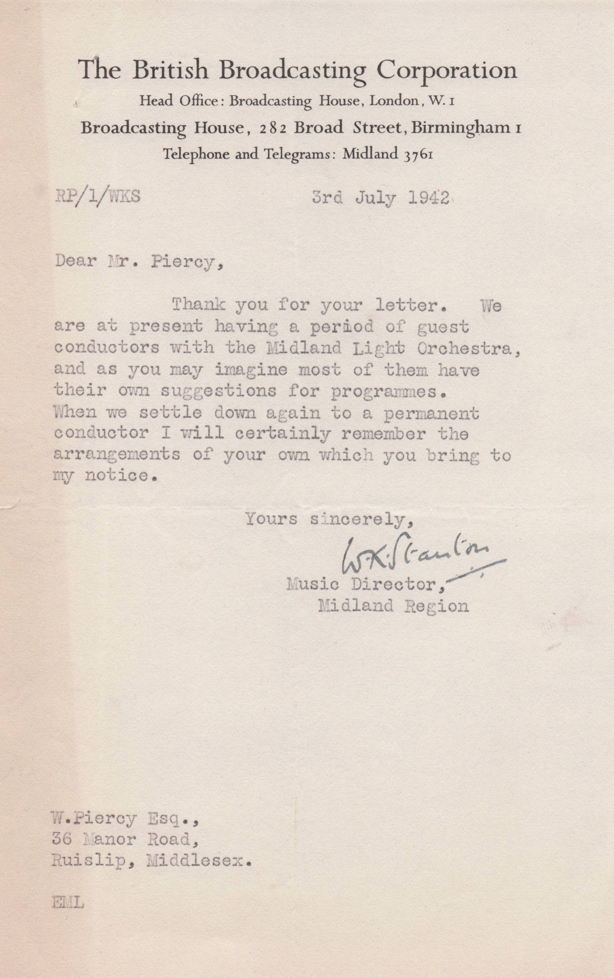 Walter W.K. Stanton WW2 BBC Midland Light Orchestra Radio Hand Signed Letter