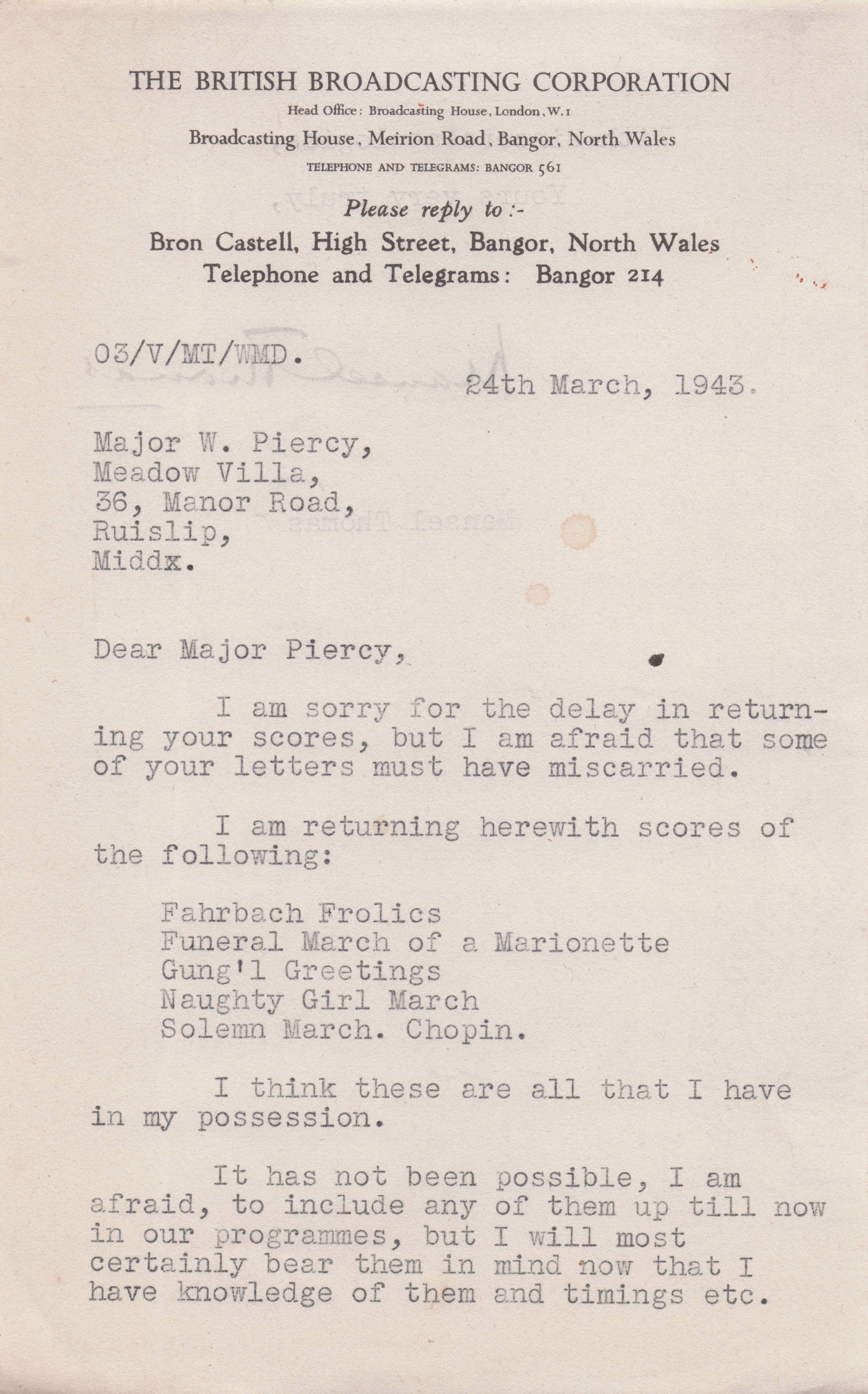Mansel Thomas BBC Wales WW2 War Folk Music Radio Welsh Hand Signed Letter