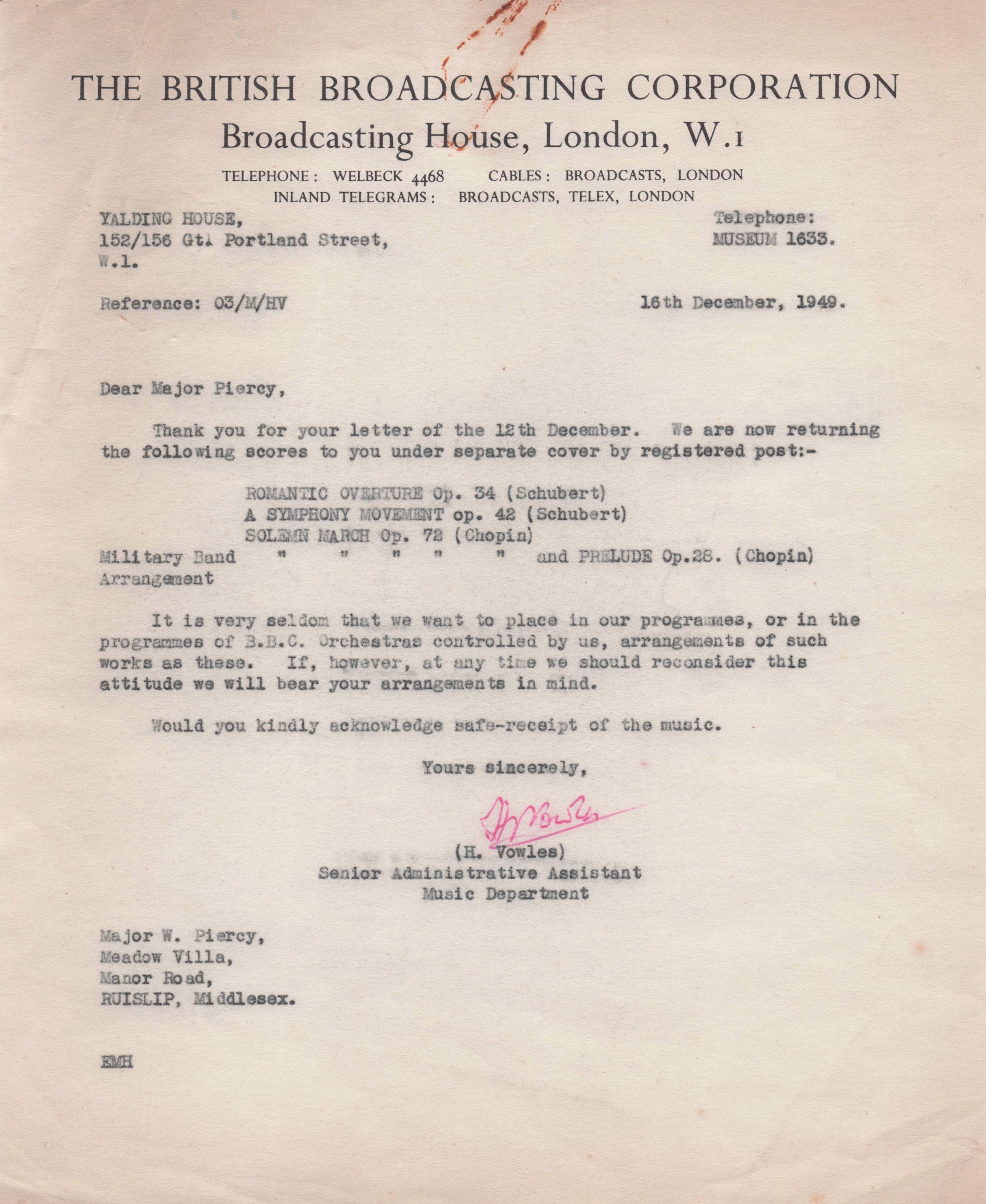 Edward Vowles BBC Radio James Watt Steam Train 1940s Hand Signed Letter