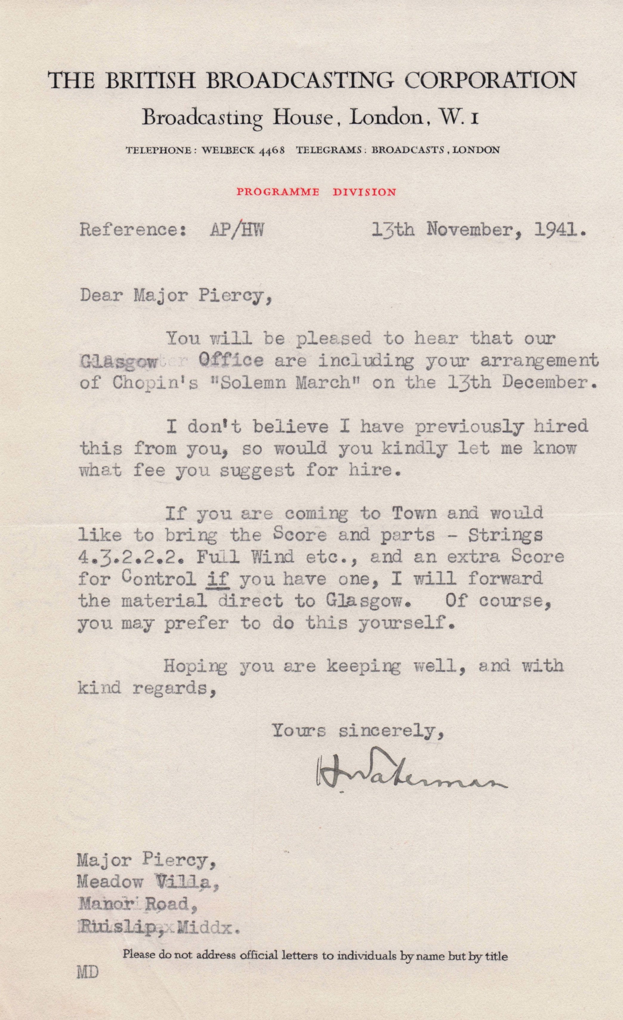 H.Waterman BBC 1941 WW2 Chopin March Radio Show Hand Signed Letter