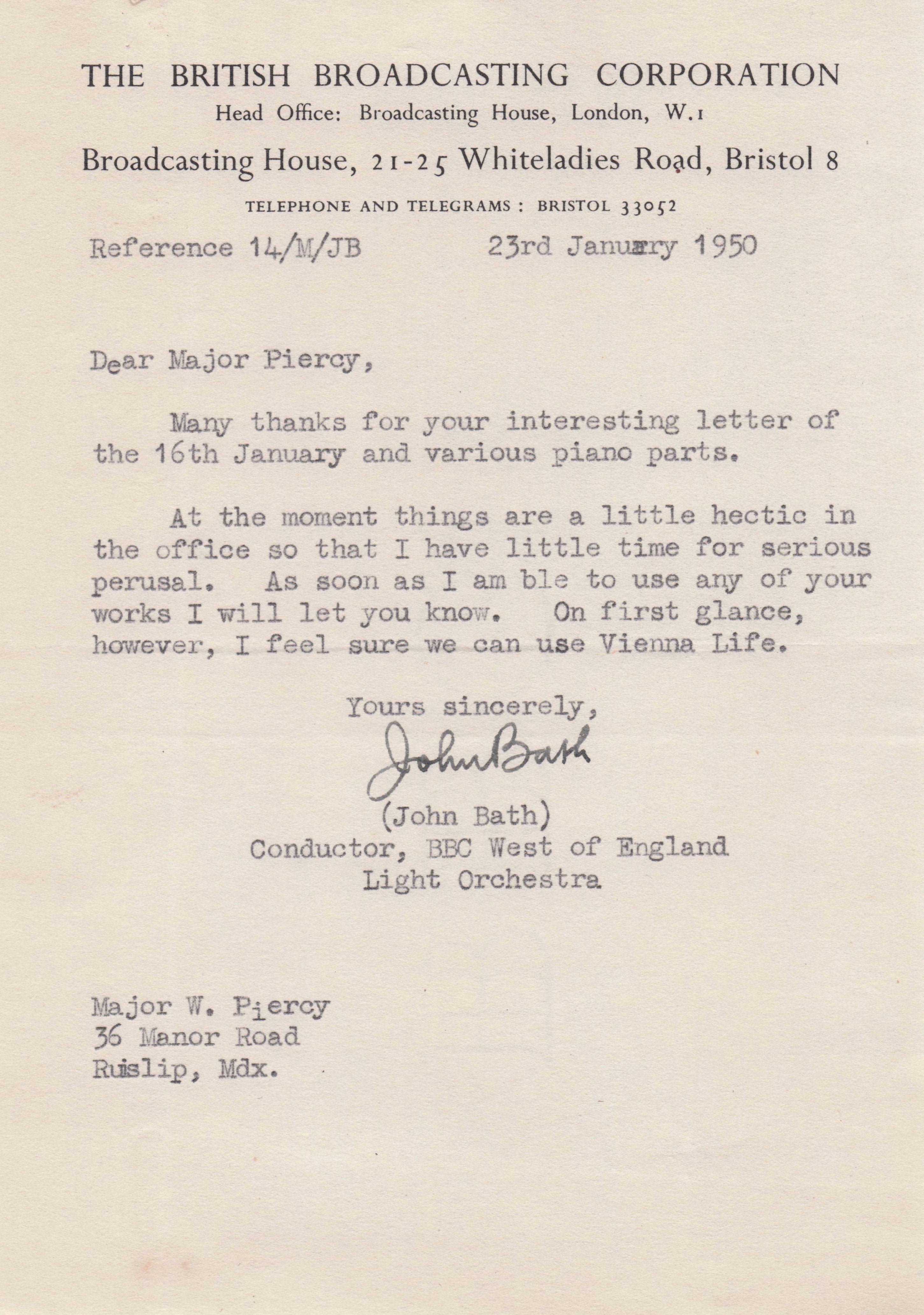 John Bath WW2 Film Music Composer Radio of Hubert BBC Hand Signed Letter