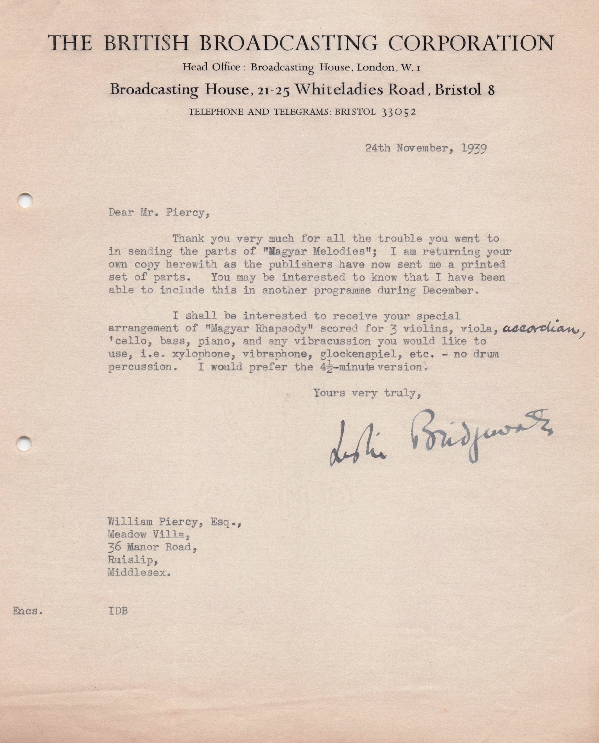Leslie Bridgewater BBC WW2 Salon Orchestra Radio Quintet Autograph Letter