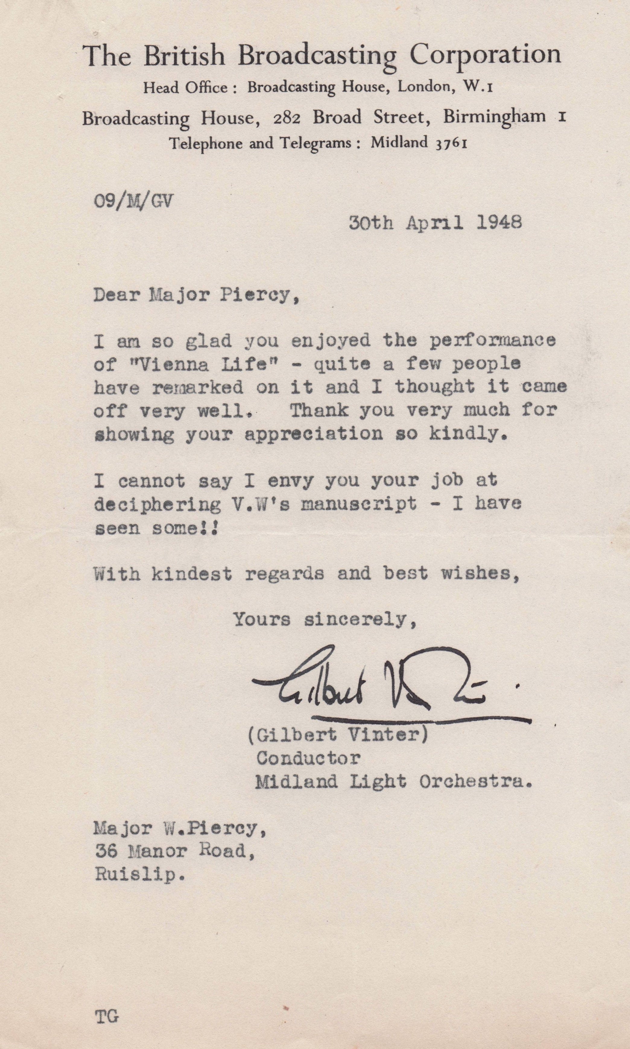 Gilbert Vinter BBC Radio Midlands Light Orchestra 1940s Old Hand Signed Letter
