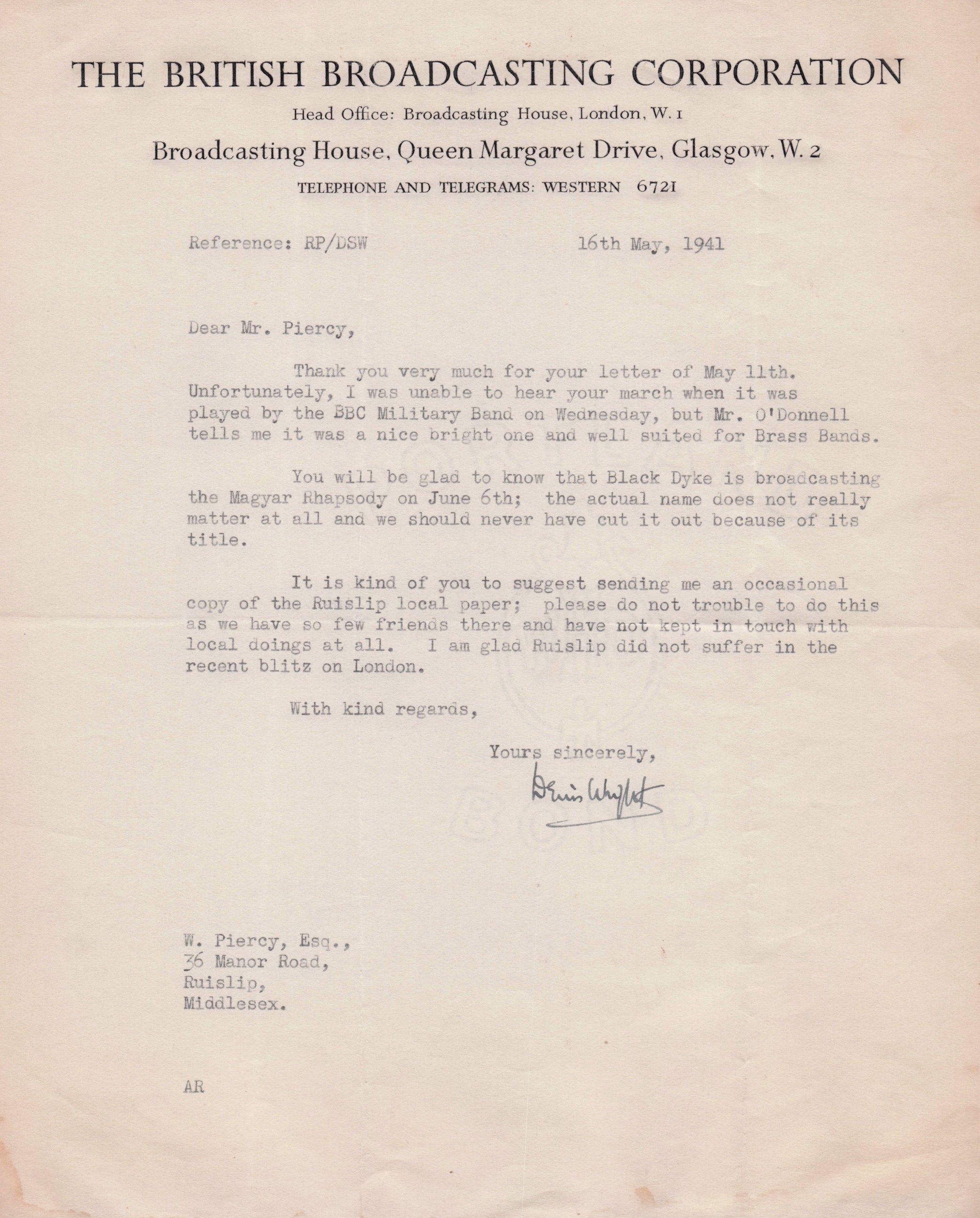 Denis Wright Scotish Glasgow WW2 Blitz Music Conductor BBC Hand Signed Letter