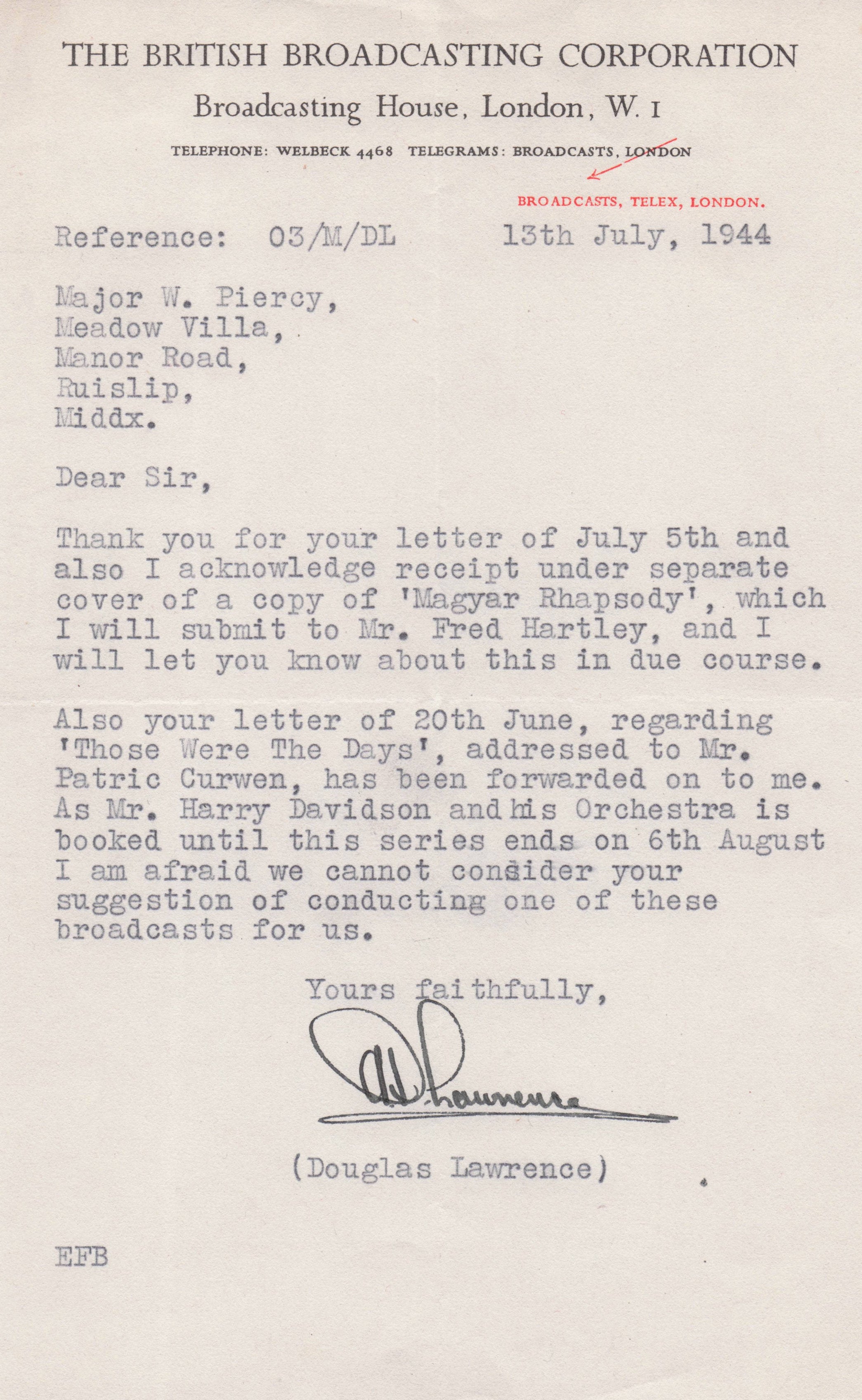 Douglas Lawrence Of Glenn Miller Ted Heath Band WW2 Hand Signed Letter