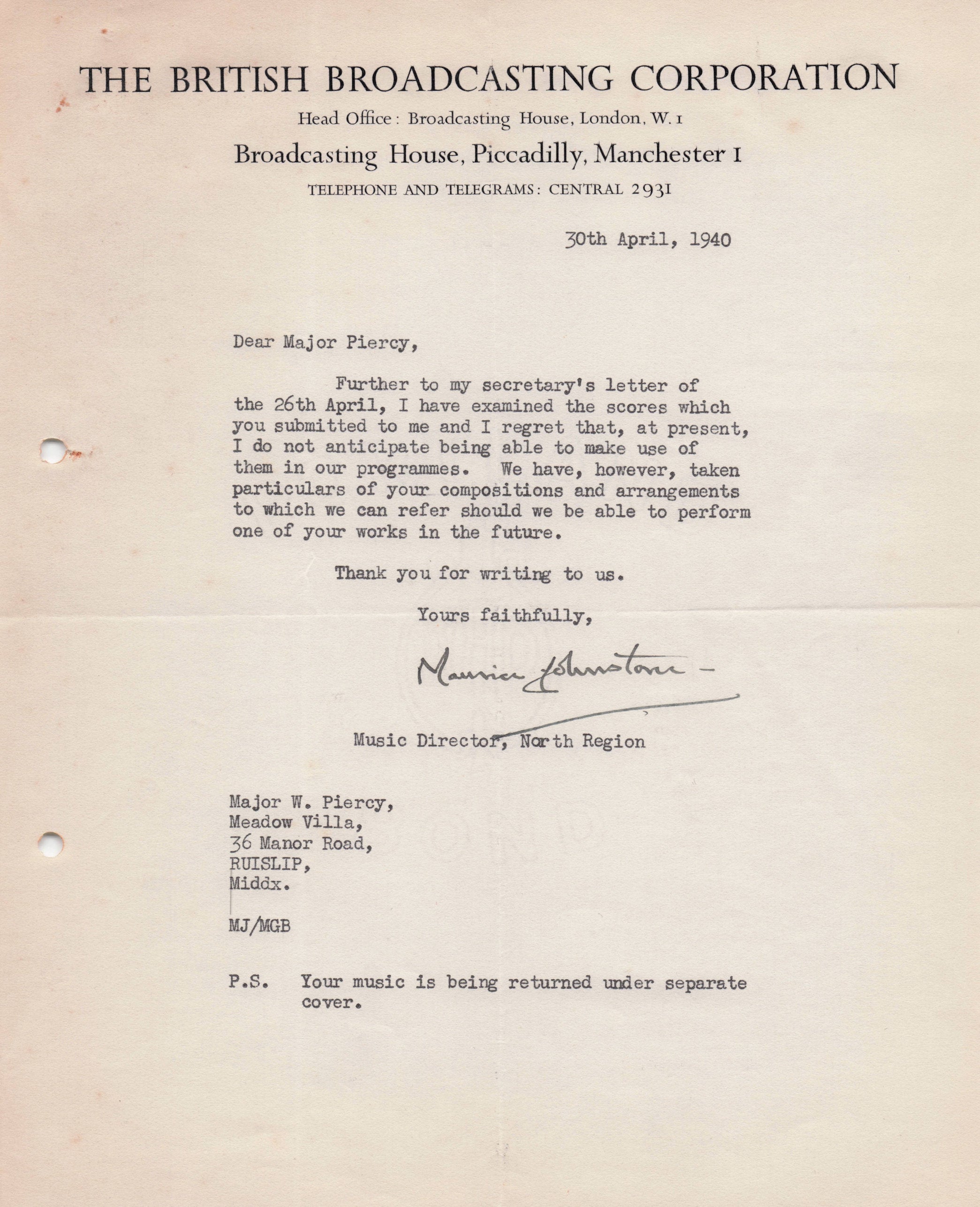 Maurice Johnston BBC WW2 Manchester War Of Charles Groves Hand Signed Letter