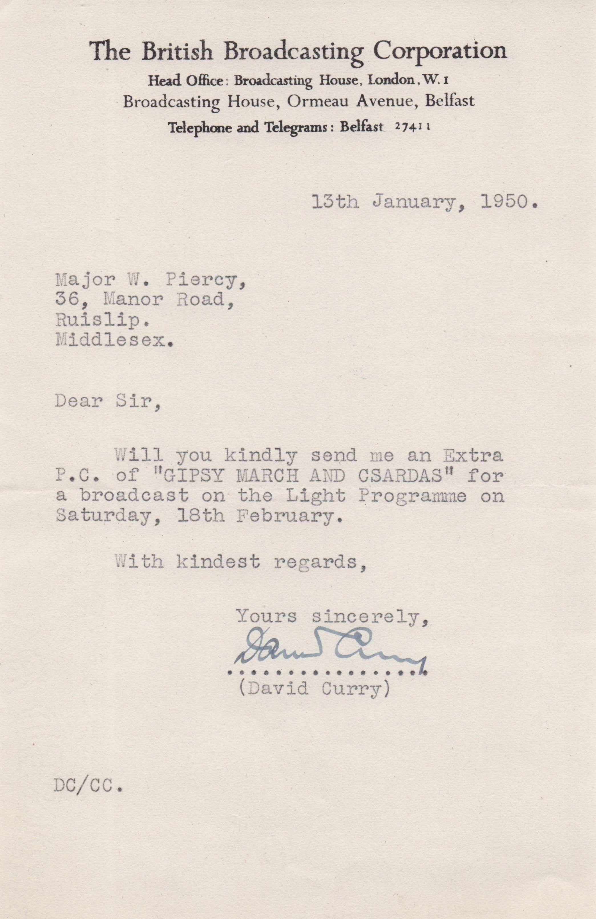 David Curry BBC Ireland Belfast Violinist Wireless Orchestra Hand Signed Letter